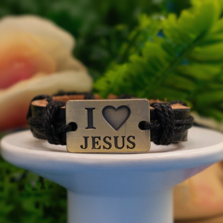 Leather with Aluminum I love Jesus Charm Adjustable Bracelet