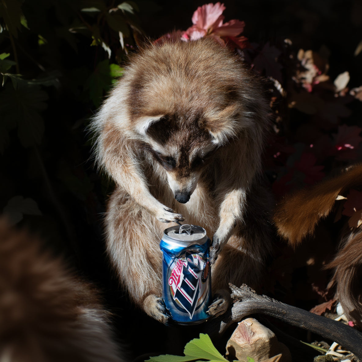 Taxidermized Racoon with a Miller Lite Beer Can Trophy