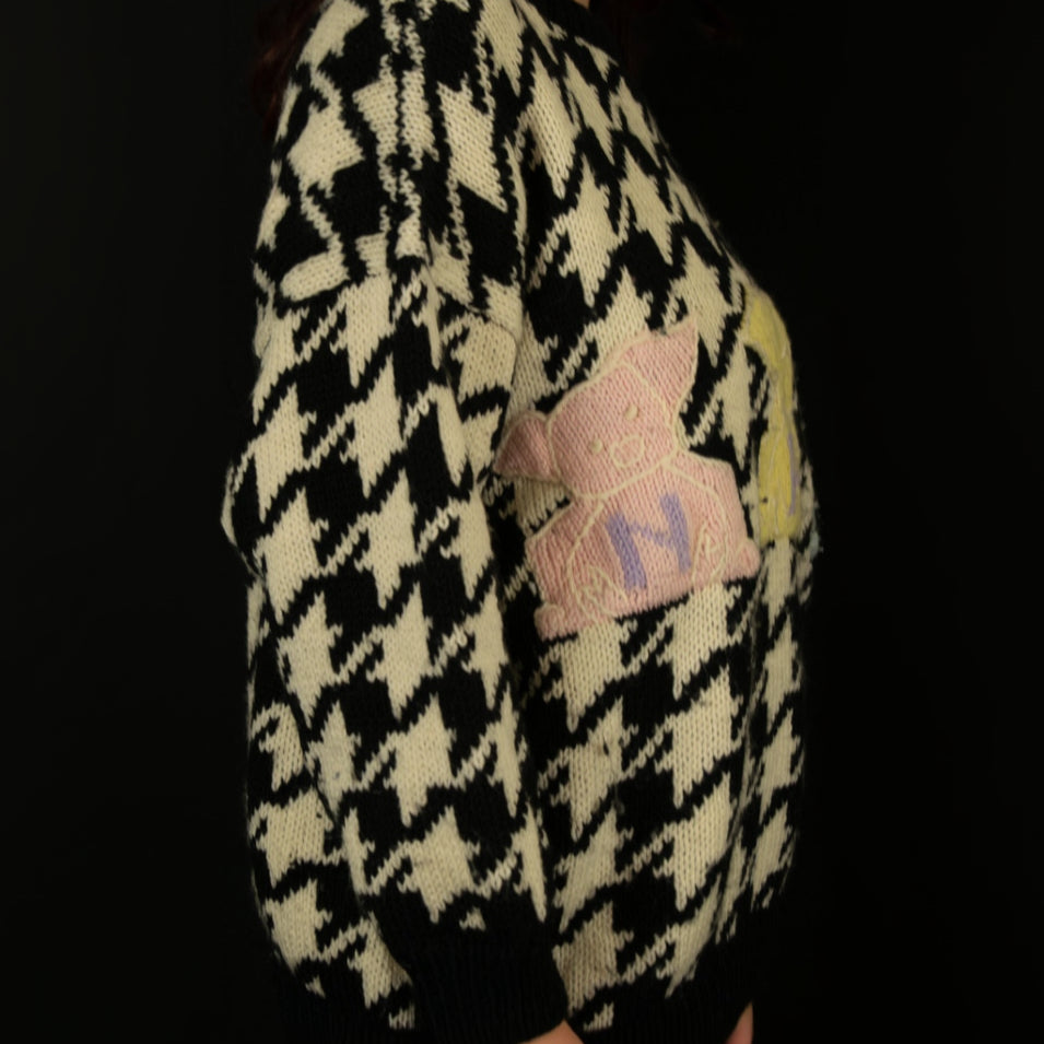 Naf Naf Tricote Black & White Sweater with 3 Different Colored Piggies Spelling N-A-F on Their Tummies