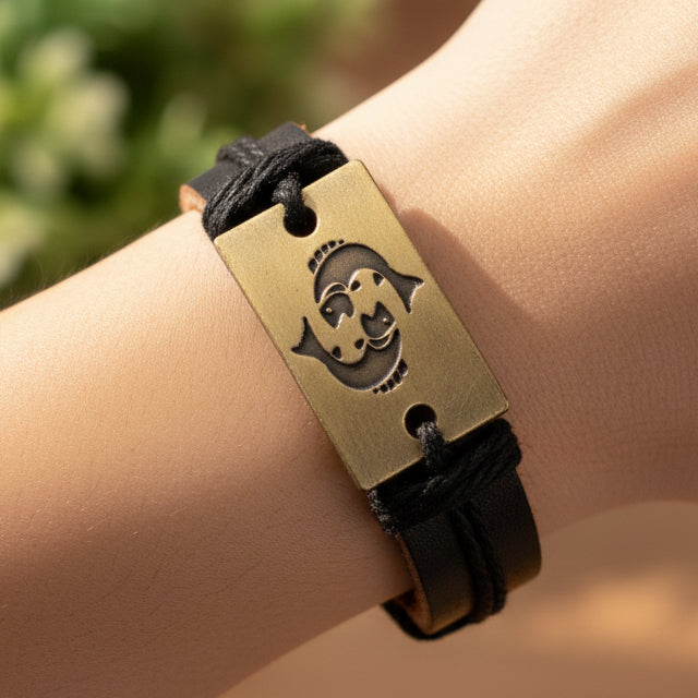 Leather Bracelet with Fish Charm Adjustable Bracelet