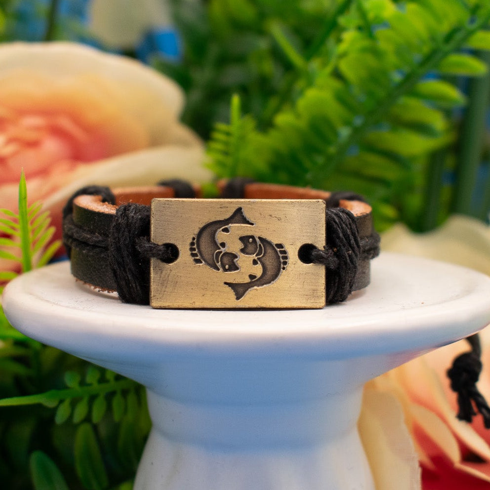 Leather Bracelet with Fish Charm Adjustable Bracelet