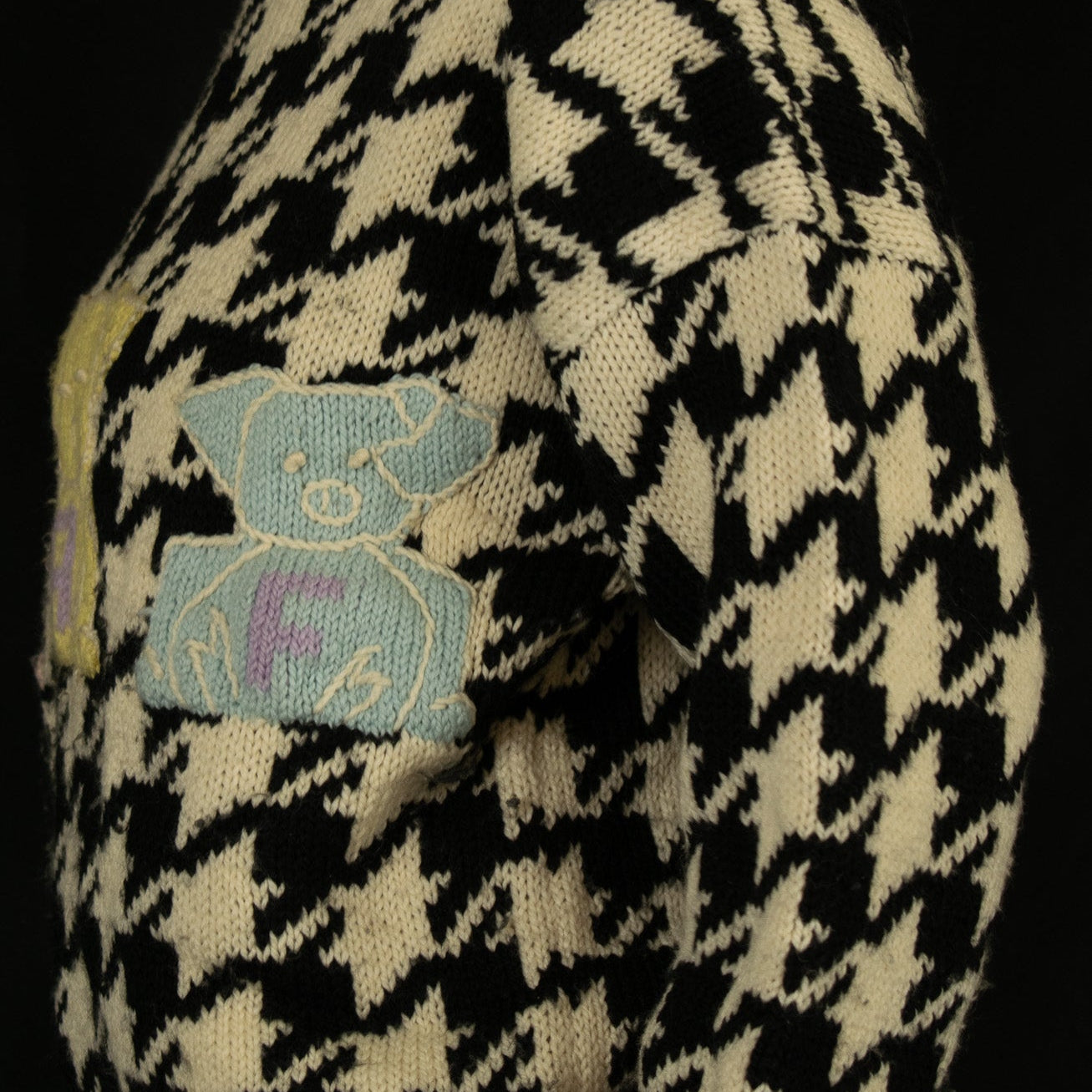 Naf Naf Tricote Black & White Sweater with 3 Different Colored Piggies Spelling N-A-F on Their Tummies