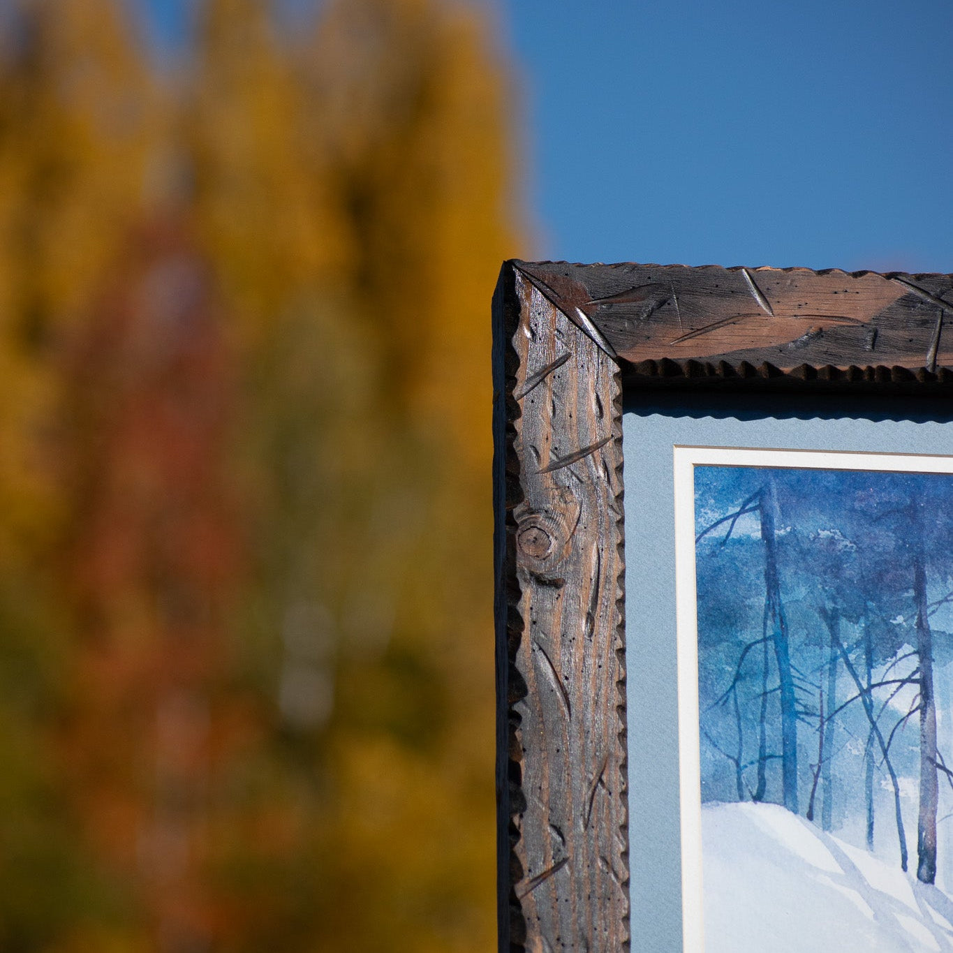 Large Framed Artwork Featuring 3 Skier Signed by Jane Carlson