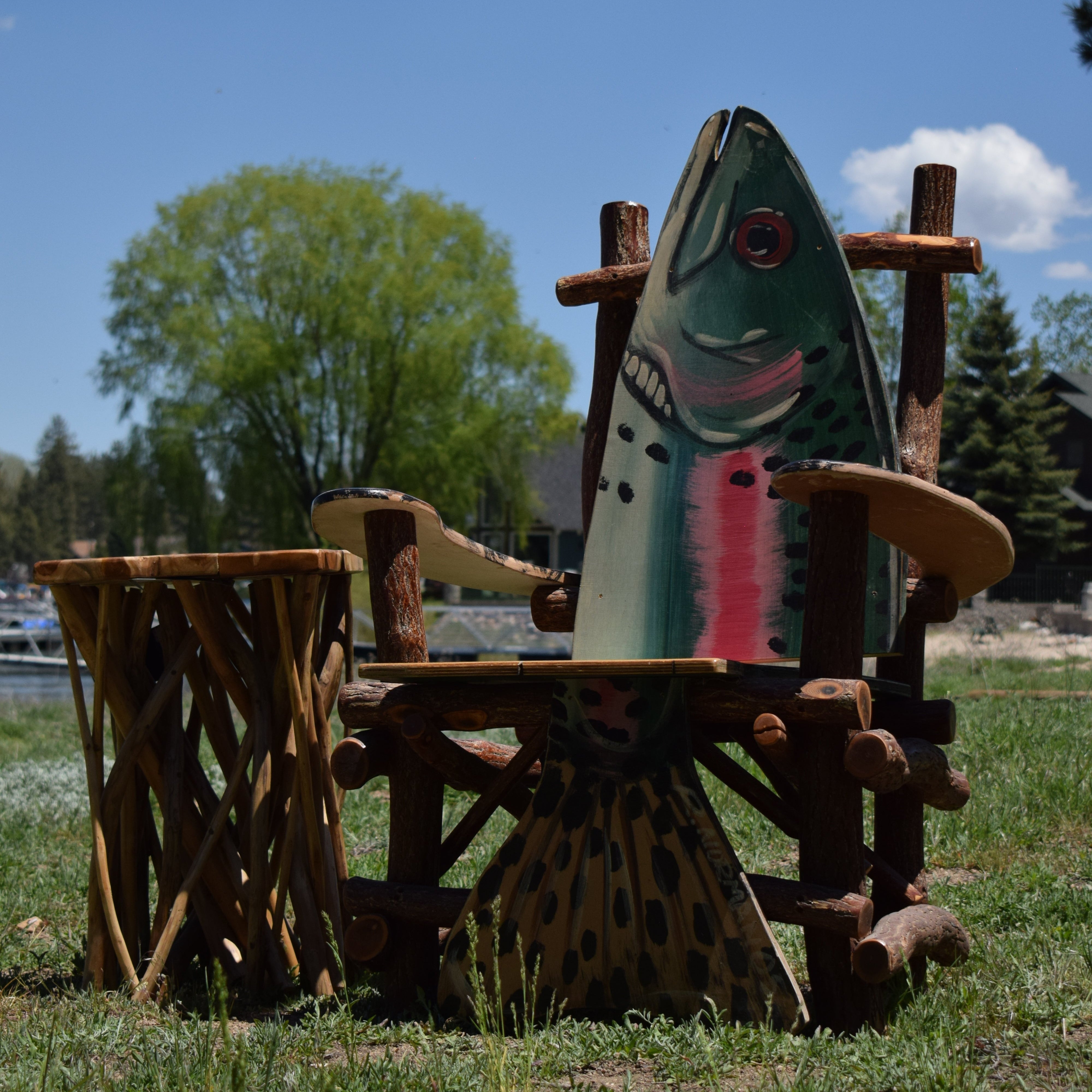 Natural Log Trout Fish Armchair Depicting a Realistic Rainbow Trout as the seat