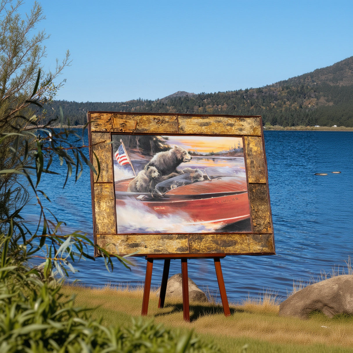 Framed Spin On The Lake canvas transfer by Marilynn Dwyer Mason bears in boat limited edition 276 of 500
