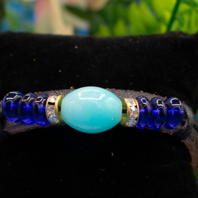 Leather Blue Glass Beaded Adjustable Bracelet