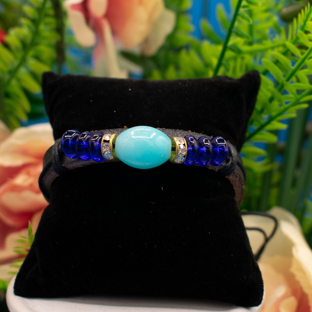 Leather Blue Glass Beaded Adjustable Bracelet