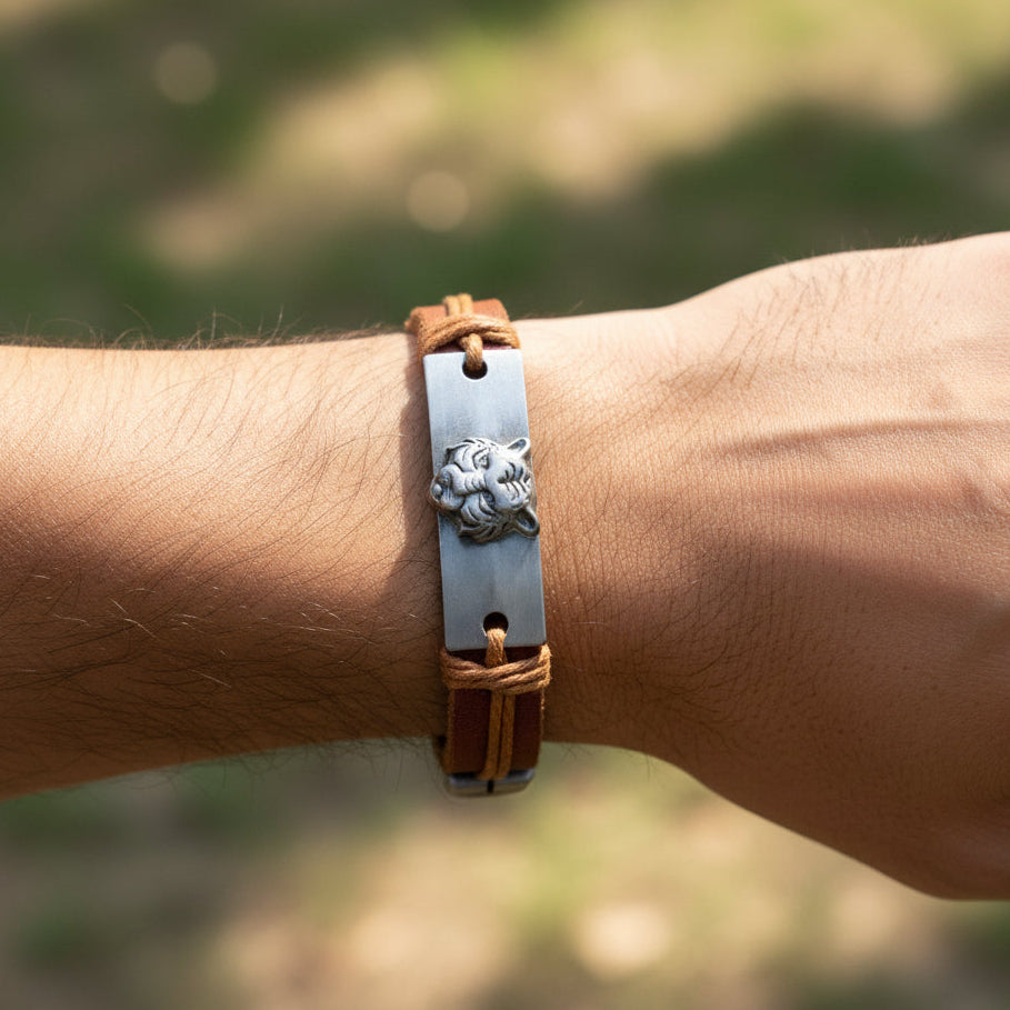 Tiger Charm Leather Adjustable Bracelet