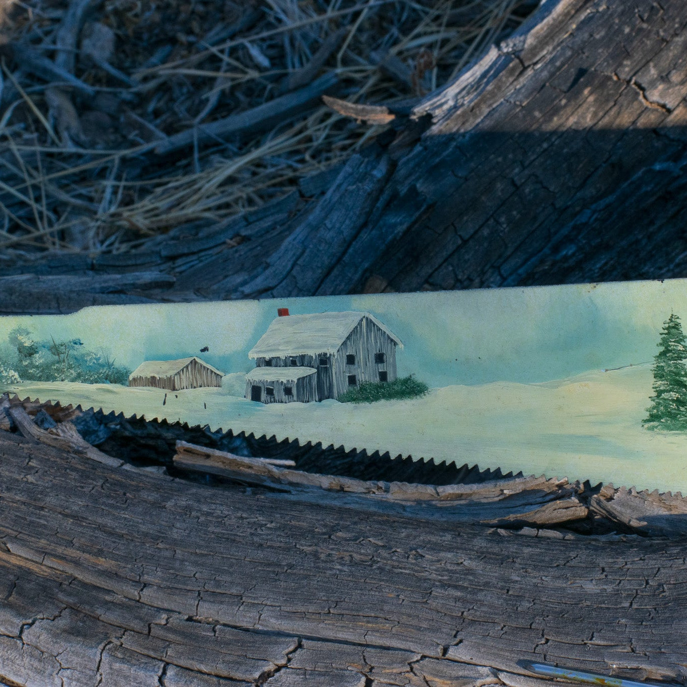 Vintage Hand-Painted Decorative Saw Blade Wall Art by S. Corbin 1983 Rustic Winter Farm Scene 26"