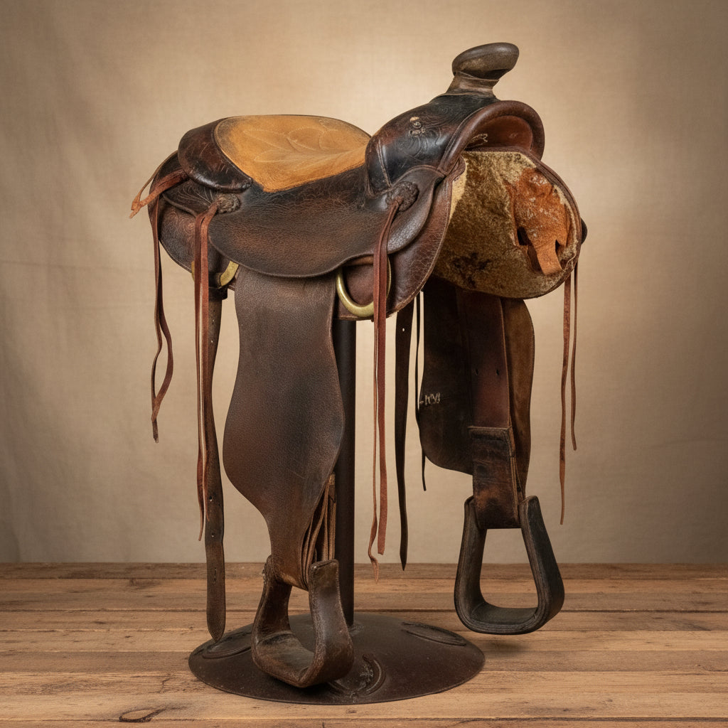 authentic western horse saddle mounted on metal pedestal bar stool with leather stirrups rustic cowboy ranch decor furniture