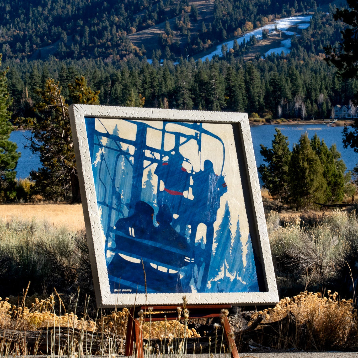 Bruce Roberts ski lift abstract artwork blue white red mid century modern mountain wall art Big Bear Lake