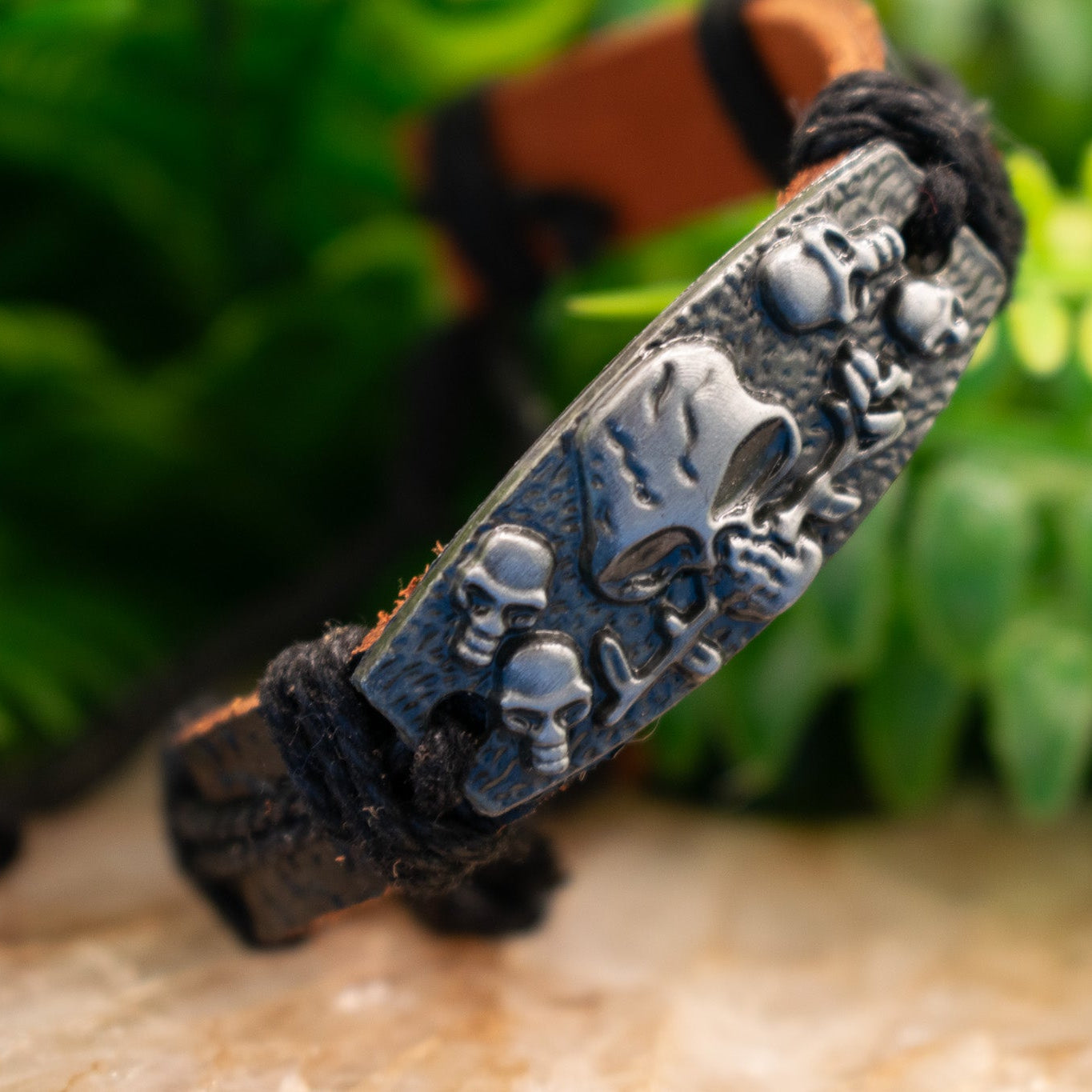 Leather Aluminum Skull Charm Adjustable Bracelet