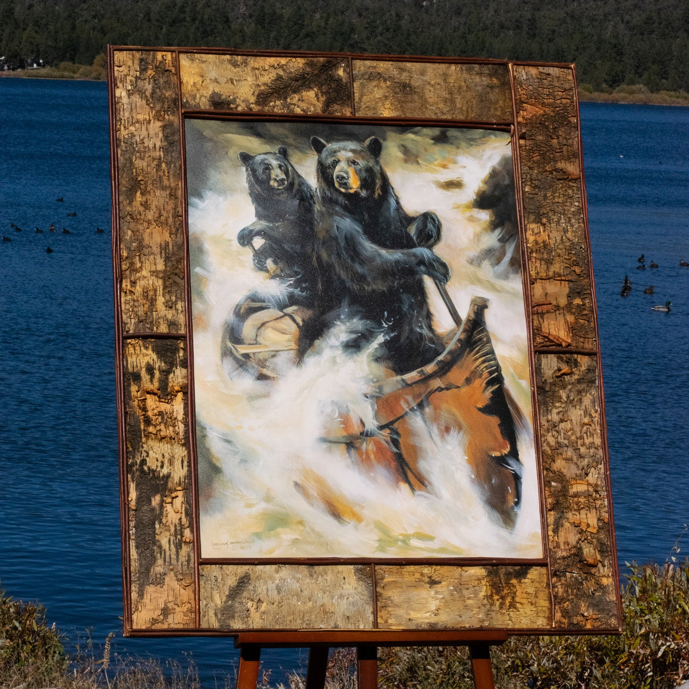 Running the Rapids Marilynn Dwyer Mason bear canoe artwork limited edition 74 of 500 framed rustic wall art 51x42