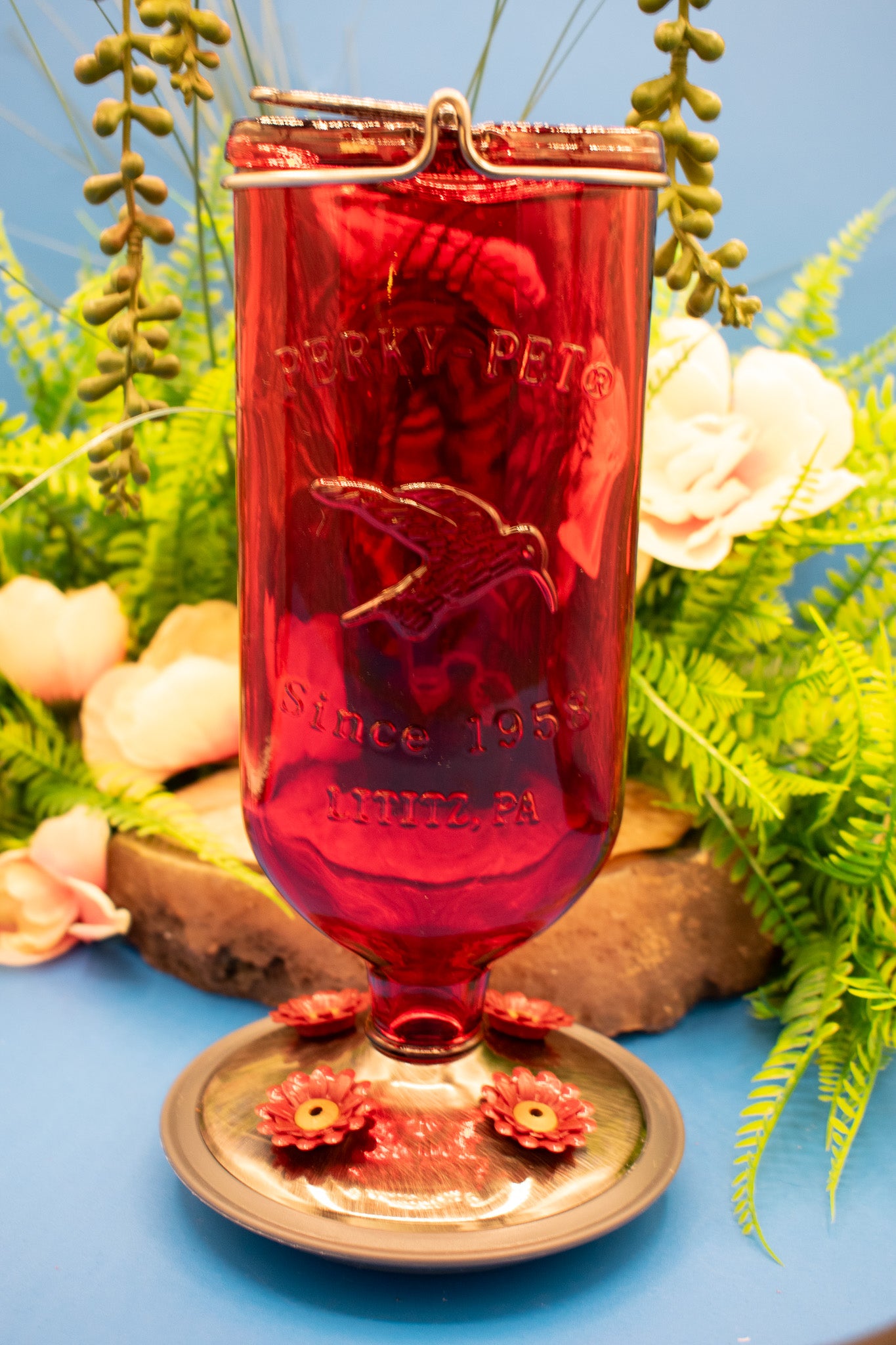 Red Antique Decorative Glass Hummingbird Feeder - 16 Oz. Capacity