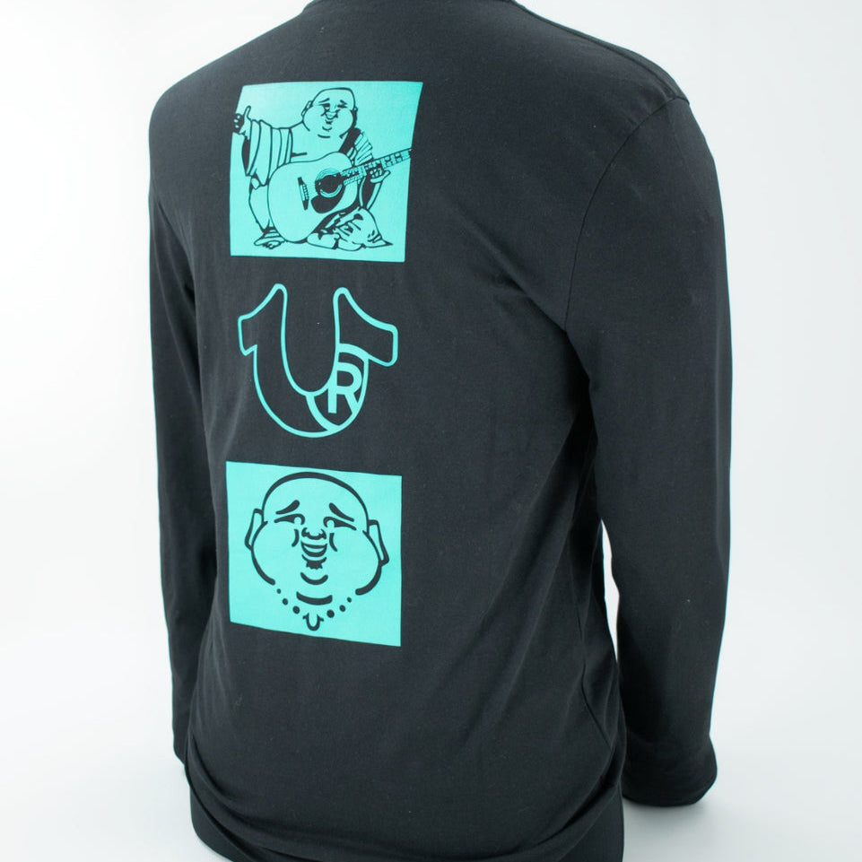 TRUE RELIGION long sleeve graphic tee in jet black with teal sleeve branding and large back graphic available in small medium large and XL sizes