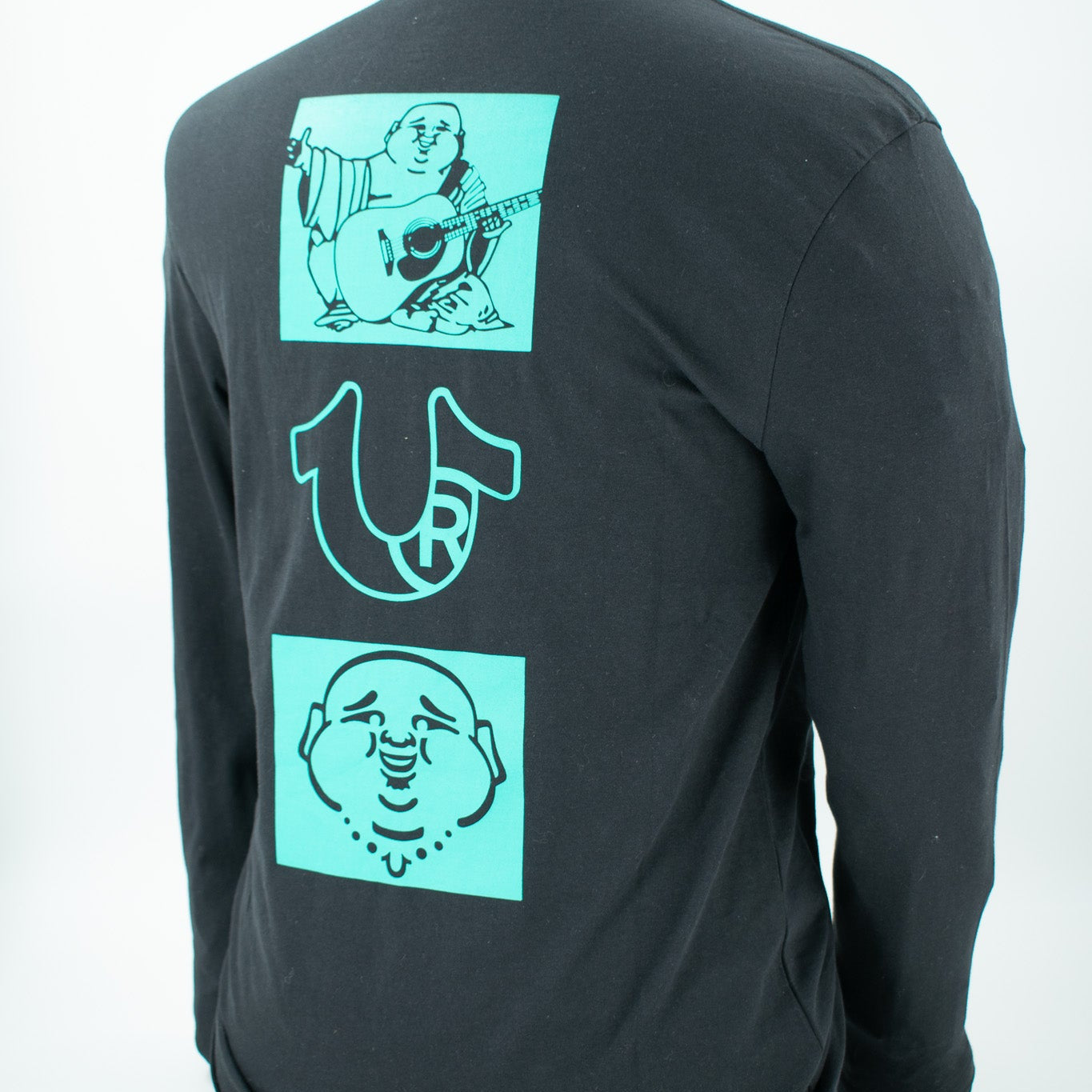 TRUE RELIGION Long Sleeve Sidebar Graphic Tee Jet Black & Teal Multiple Sizes