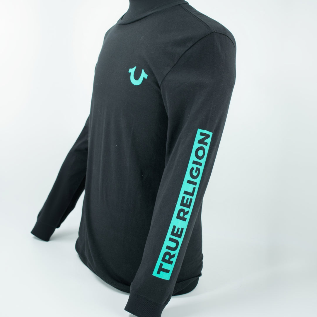 TRUE RELIGION long sleeve graphic tee in jet black with teal sleeve branding and large back graphic available in small medium large and XL sizes