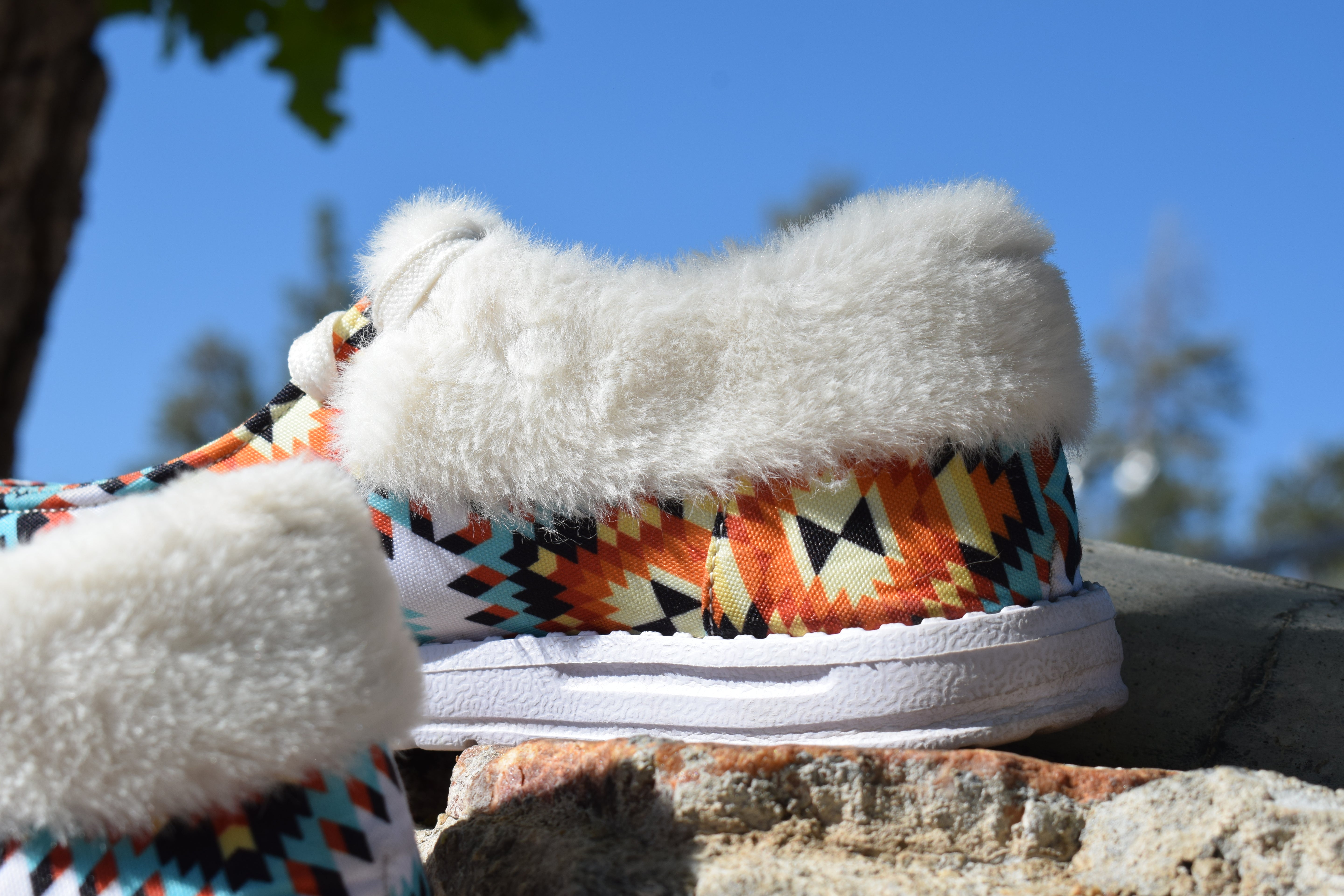 Women’s Colorful Geometric Print Slip-On Shoes – Faux Fur Lined – Size 6 US / 37 EU