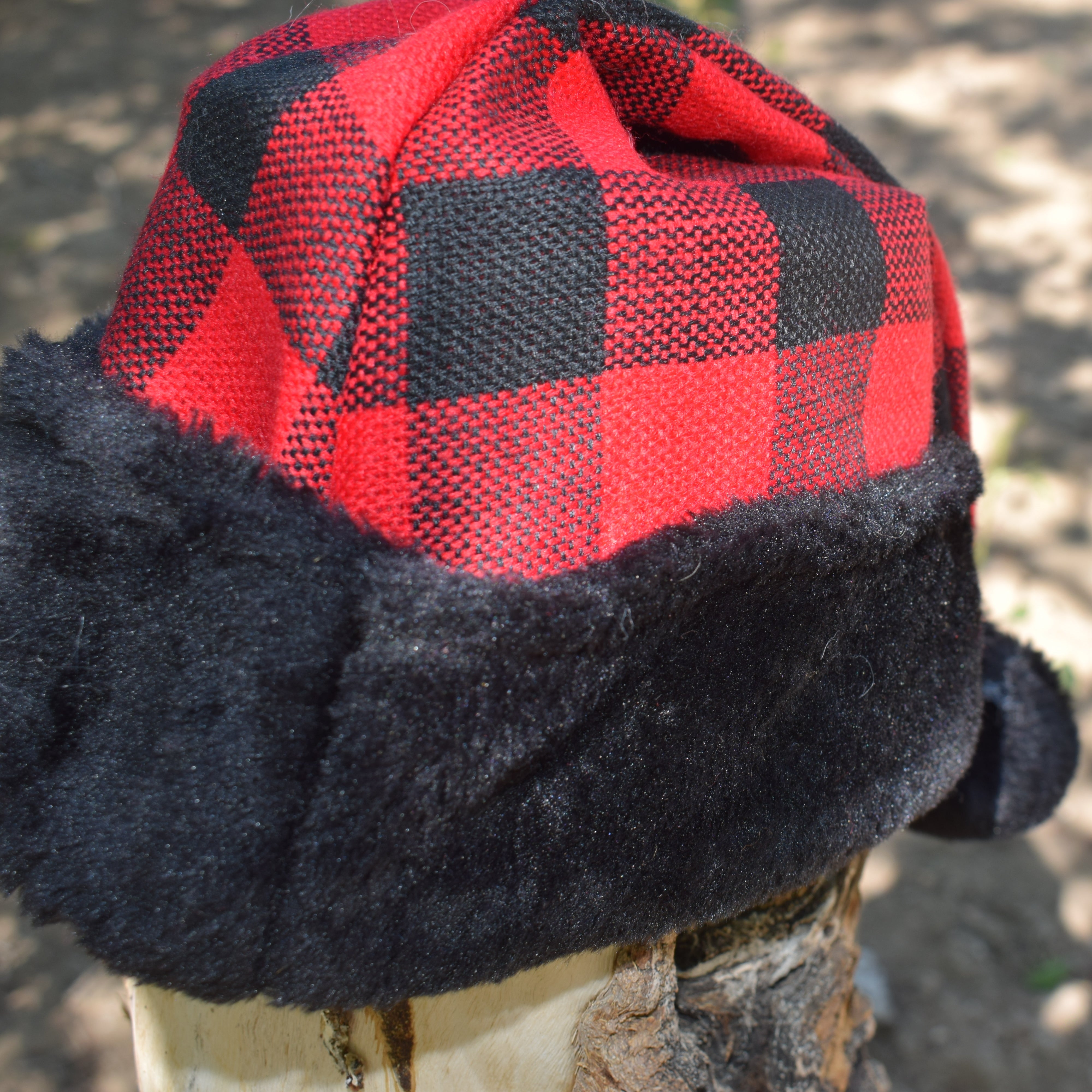 Merry Brite  Red Plaid Santa Hat with black Fluffy Trim Adult Size