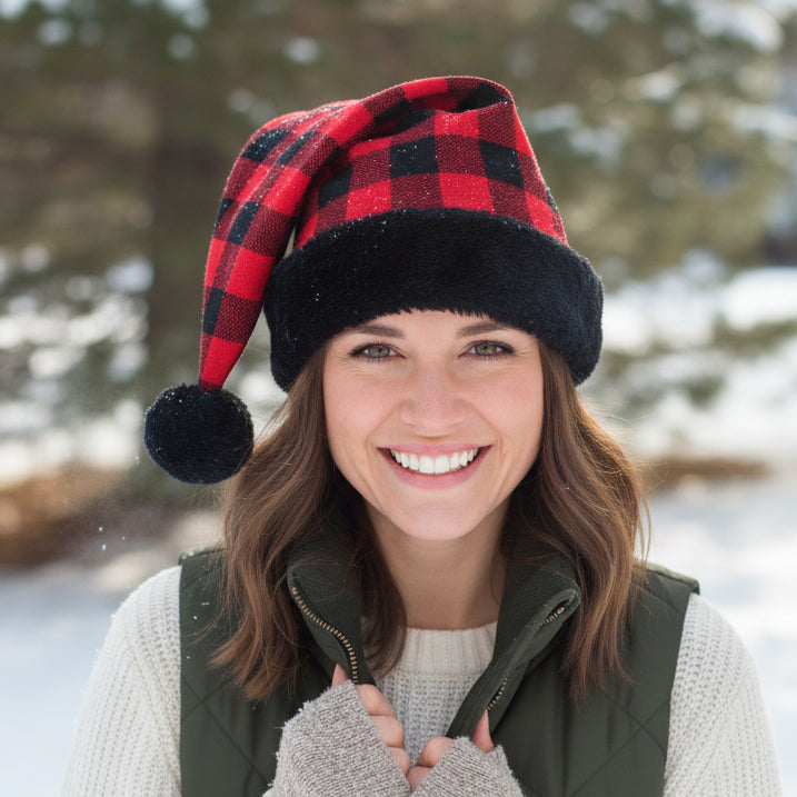 Merry Brite  Red Plaid Santa Hat with black Fluffy Trim Adult Size