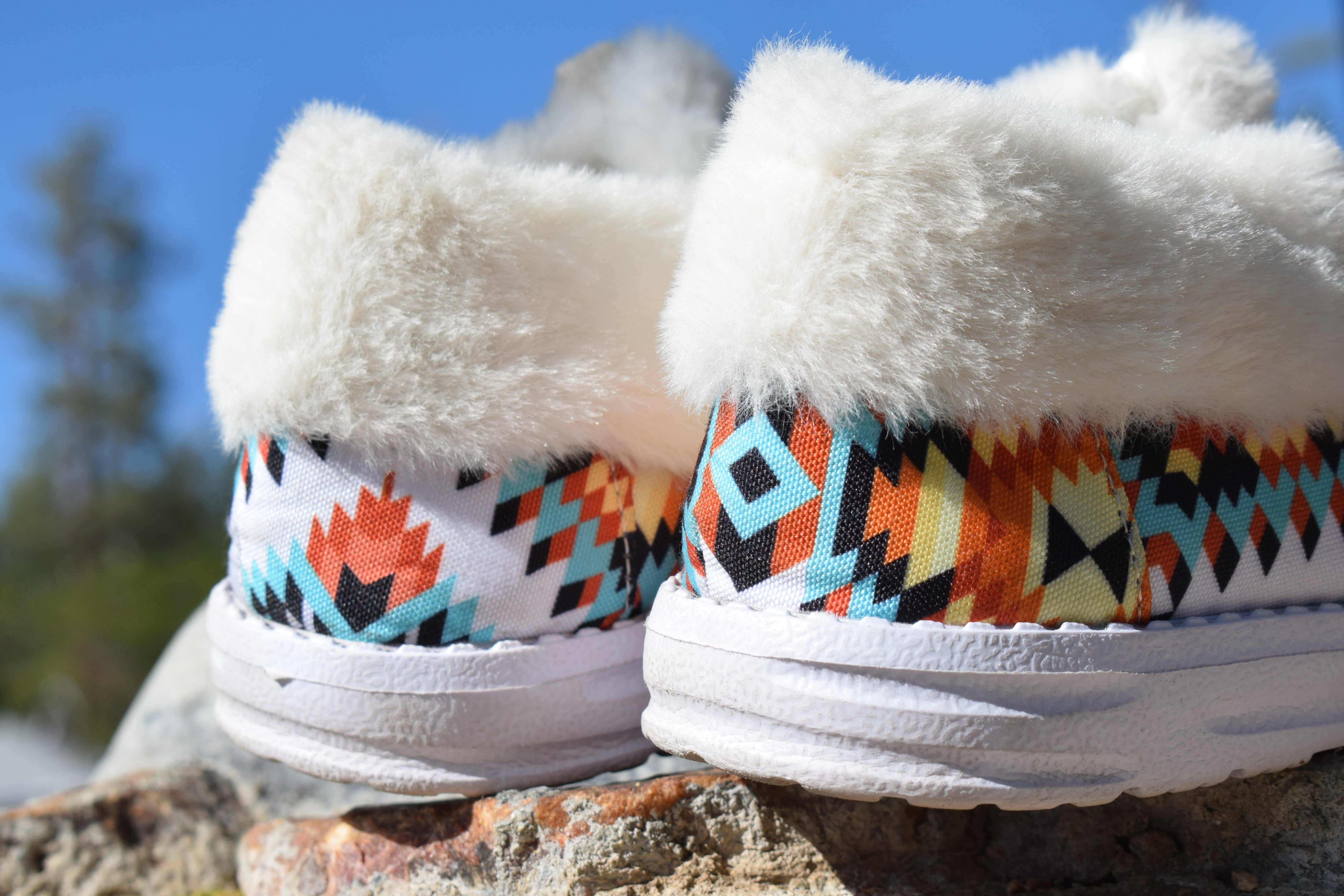 Women’s Colorful Geometric Print Slip-On Shoes – Faux Fur Lined – Size 6 US / 37 EU