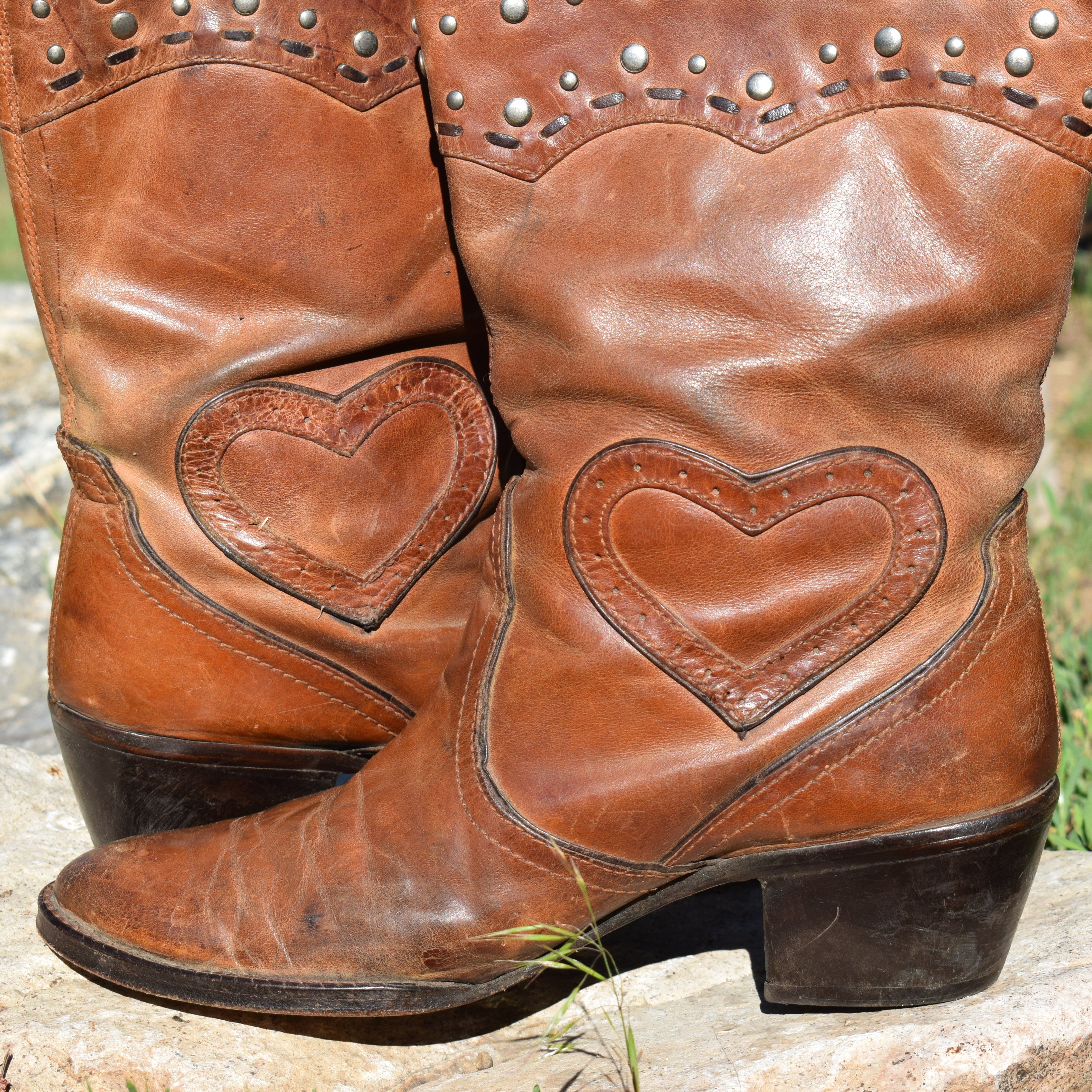 Women's Brown Leather Heart Cowgirl Boots