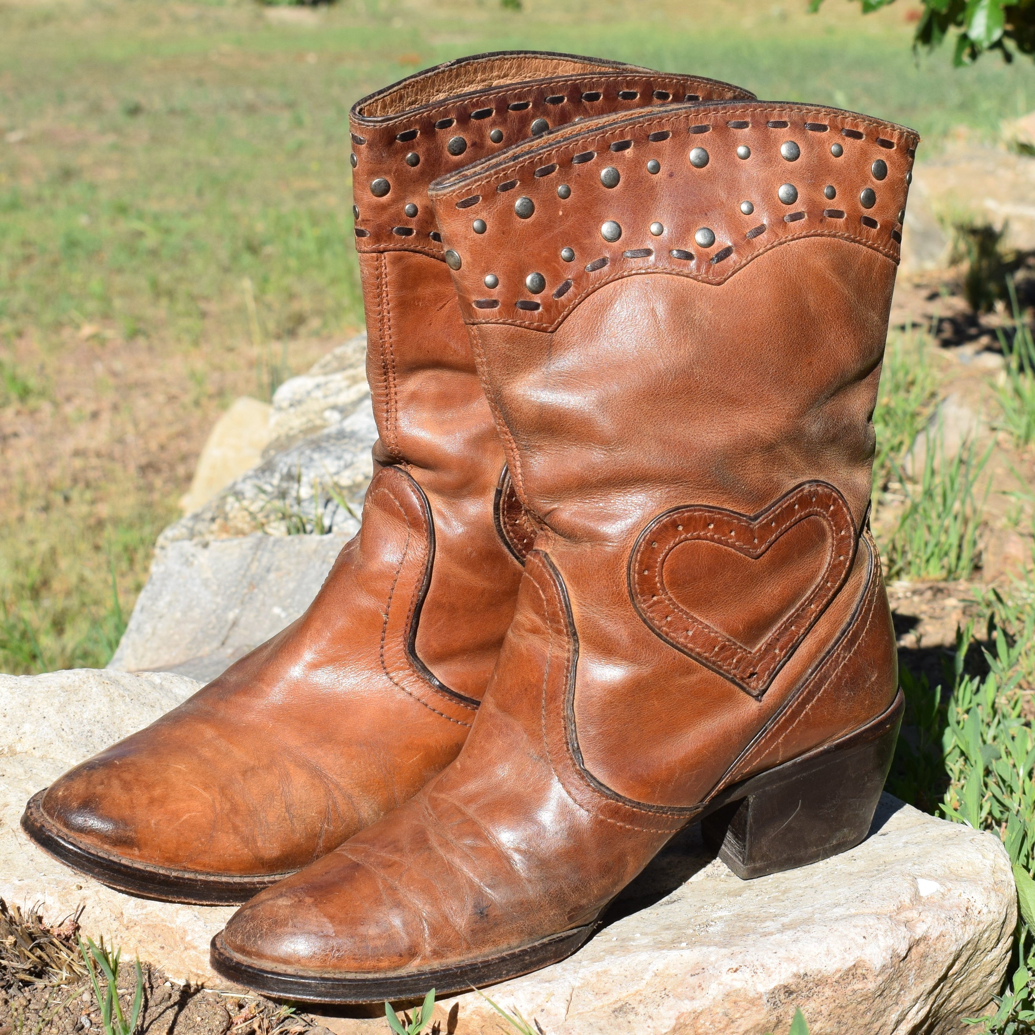 Women's Brown Leather Heart Cowgirl Boots