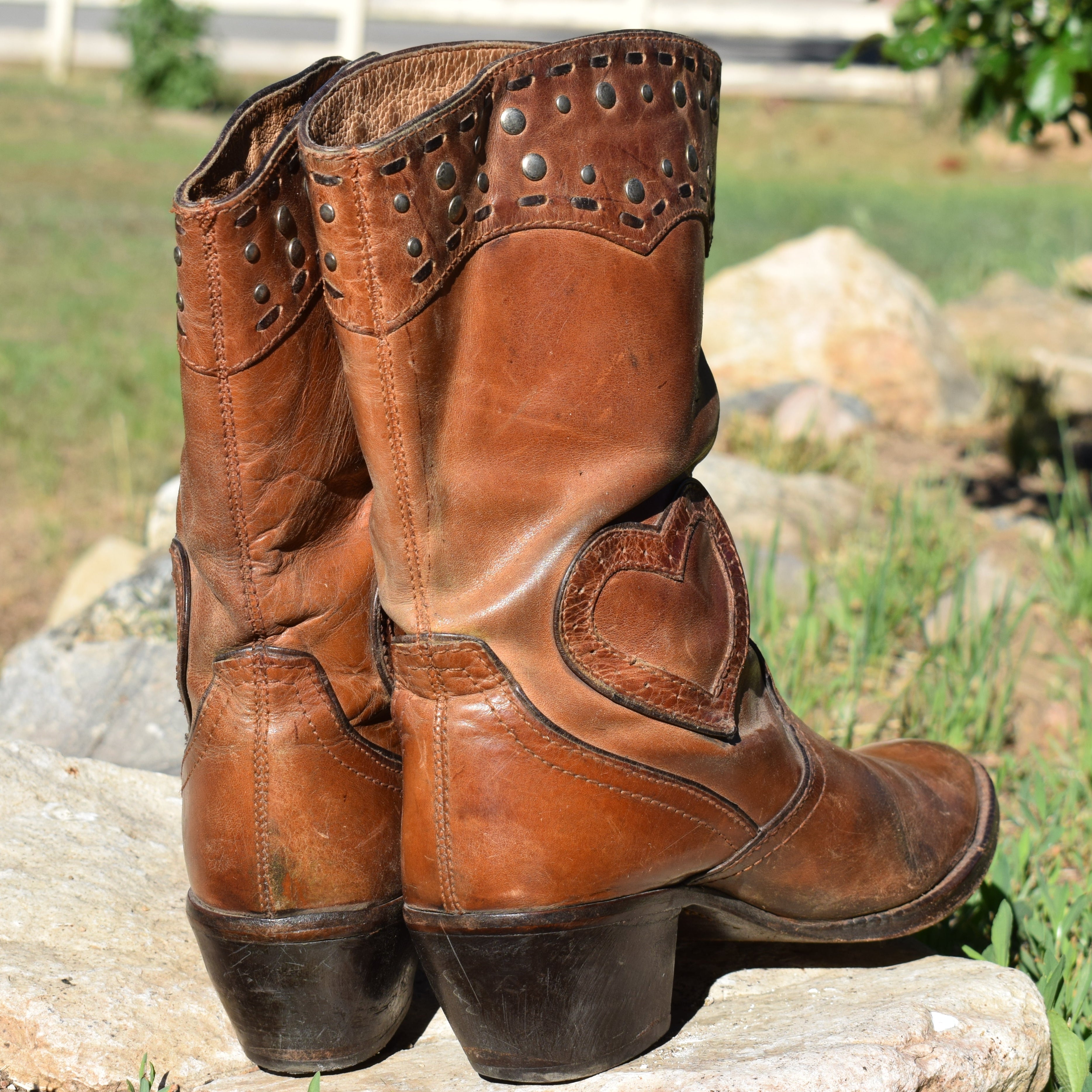 Women's Brown Leather Heart Cowgirl Boots
