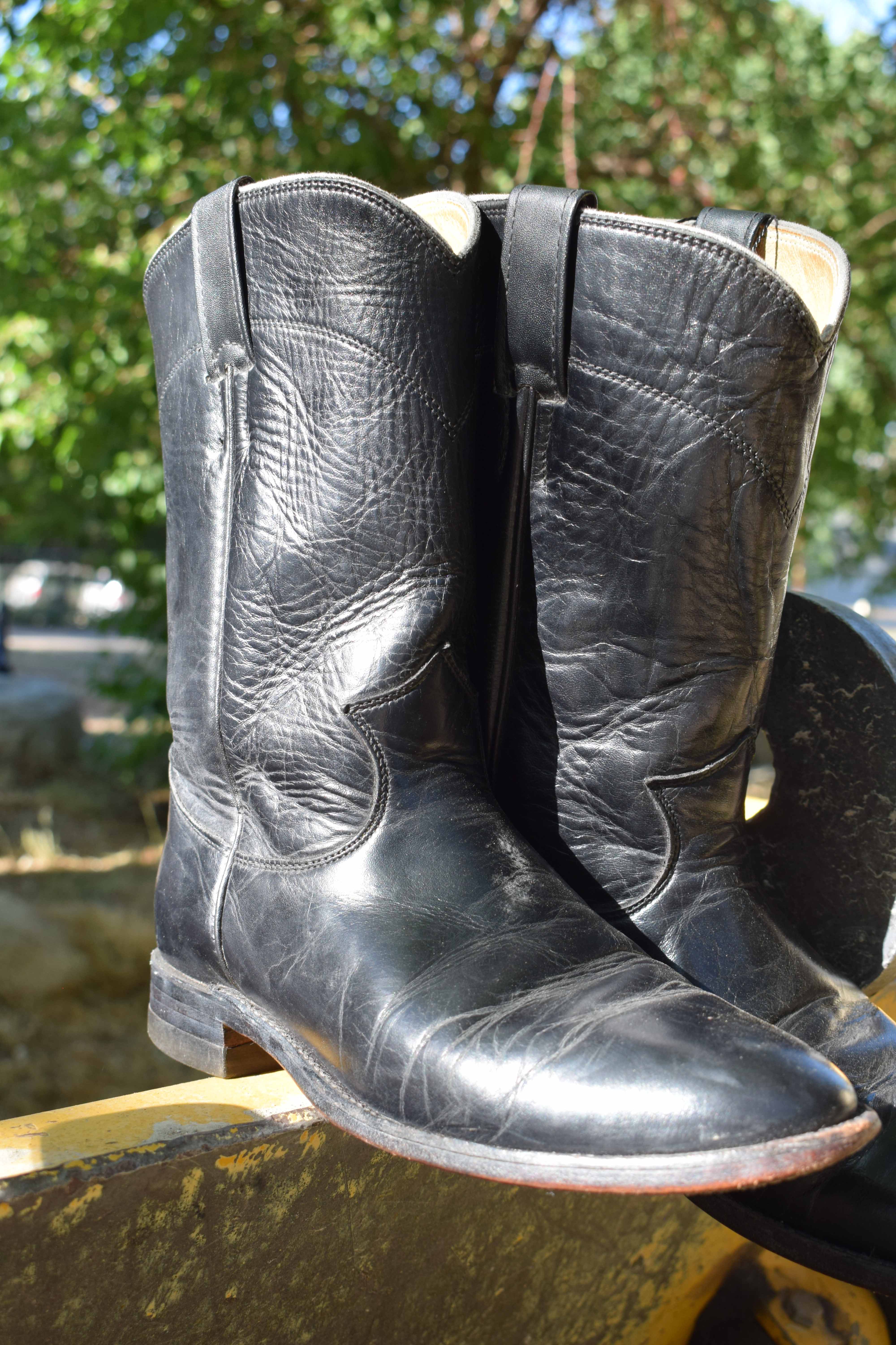 Justin Black Leather Cowboy Boots Mens Size 7.5 Vintage Western Riding Boots