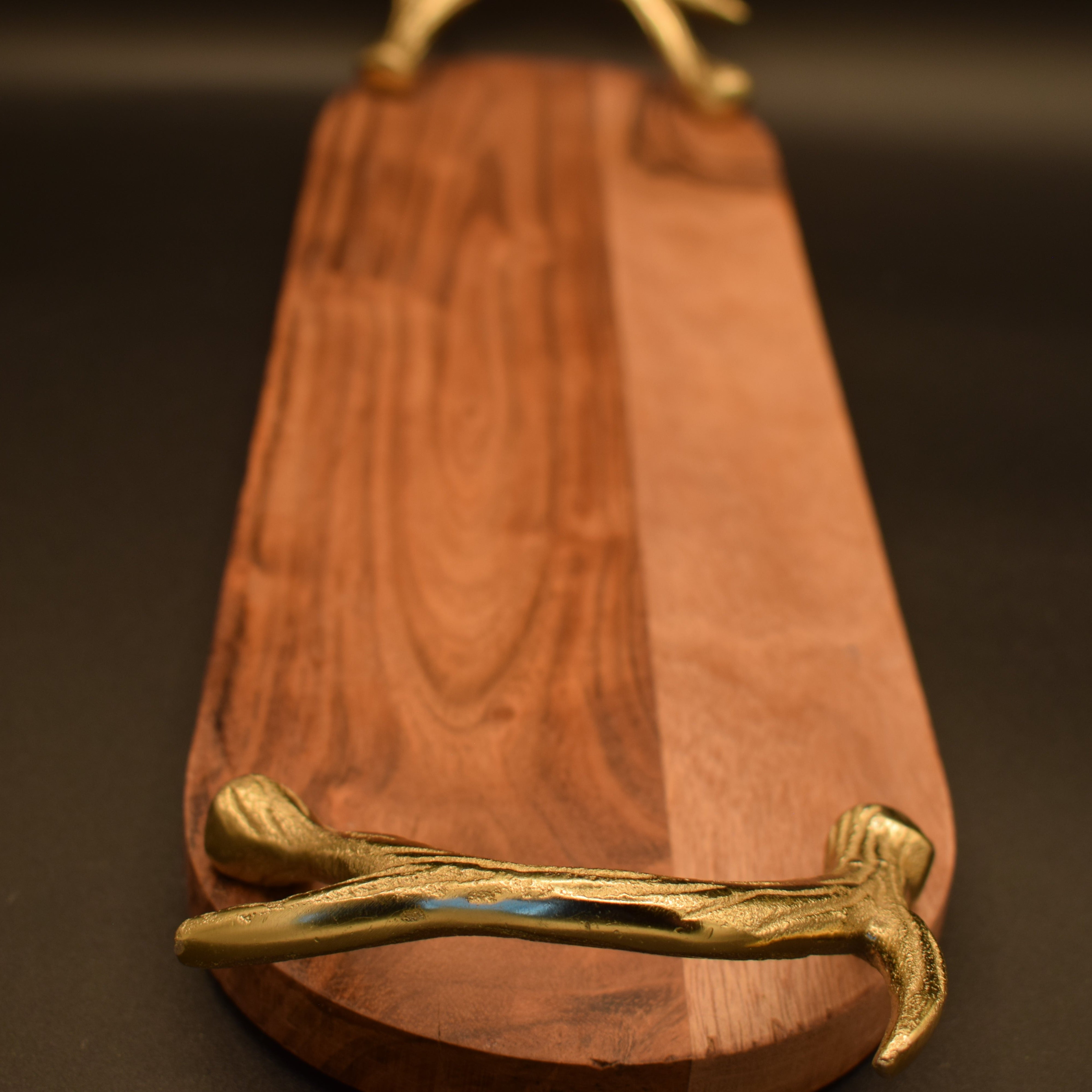 Wooden Tray with Golden Antler Handles