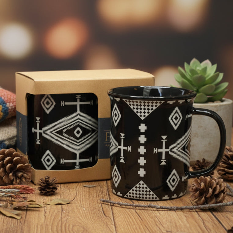 Pendleton 18 oz Ceramic Los Ojos Mug Black and White Aztec Design