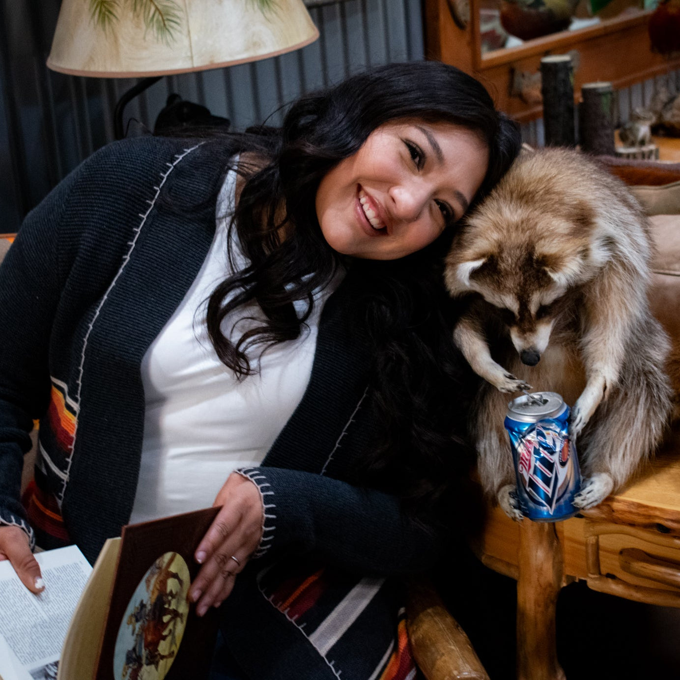 Taxidermized Racoon with a Miller Lite Beer Can Trophy