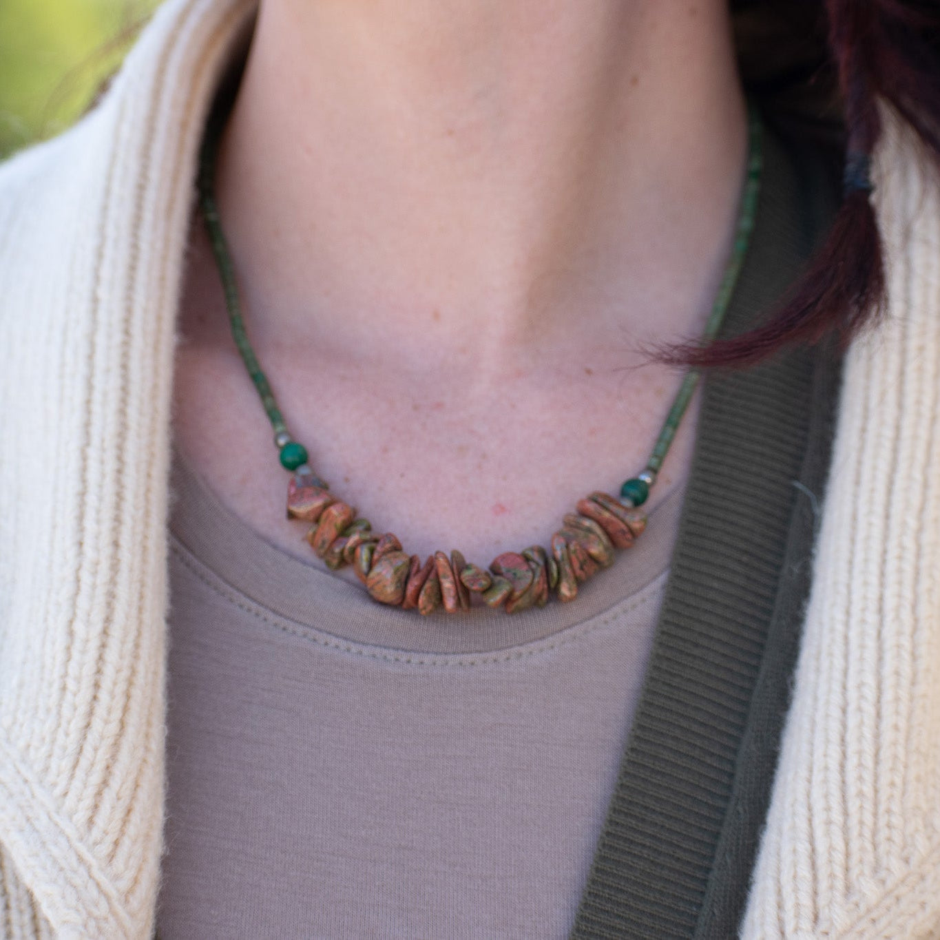Unakite, Malachite, Serpentine, & Silver Beaded Necklace