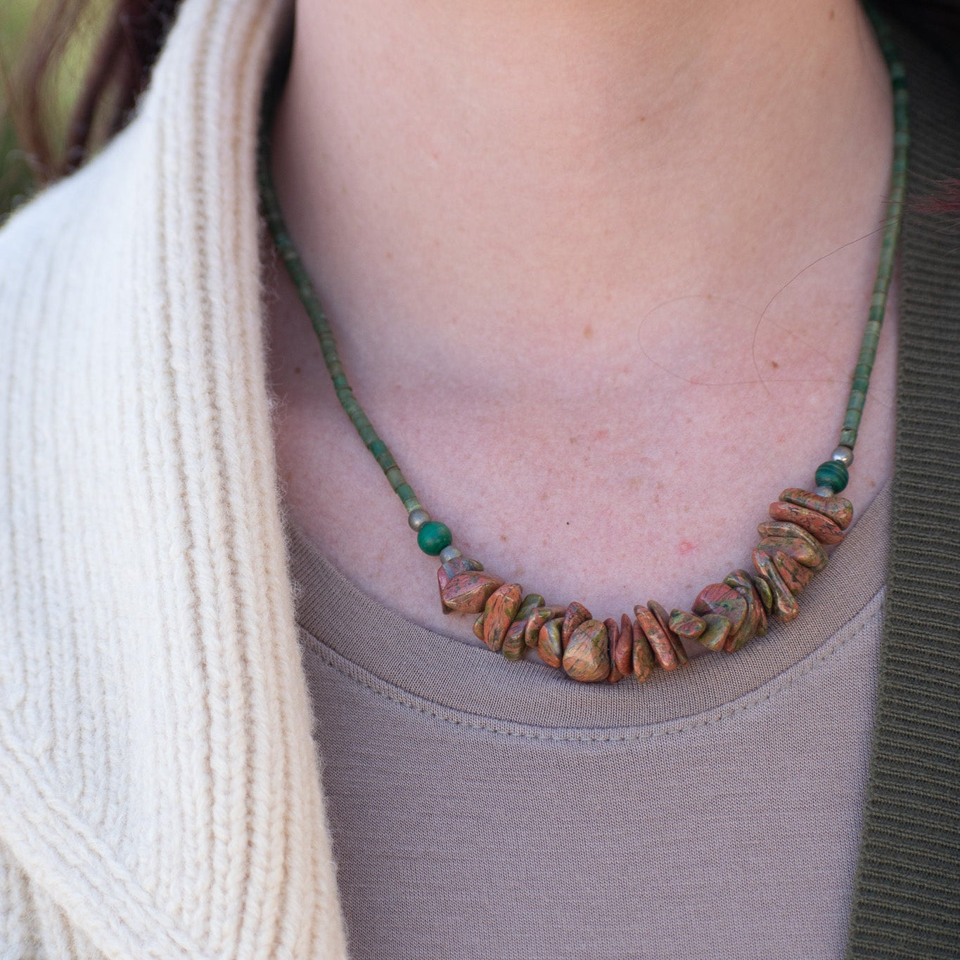 Unakite, Malachite, Serpentine, & Silver Beaded Necklace with Sterling Silver Clasp.