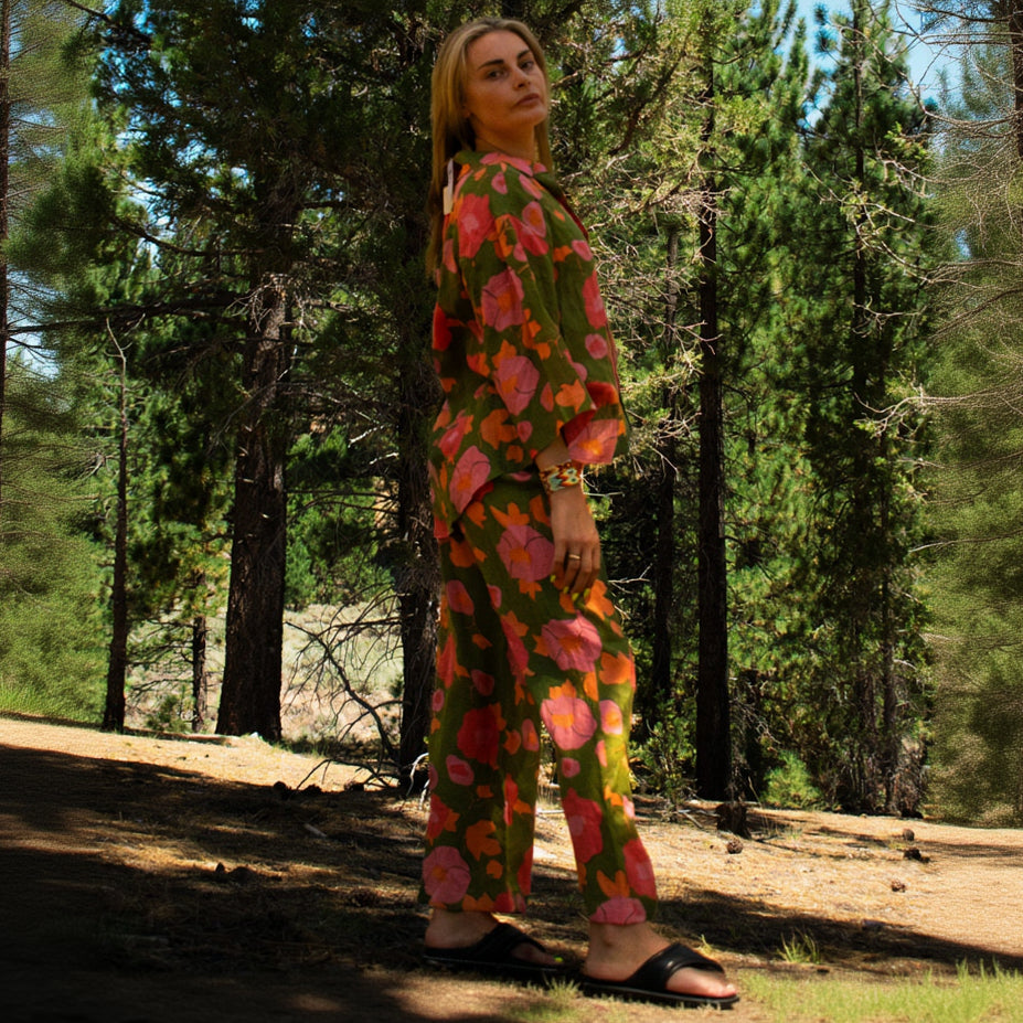 Magaschoni 2pc Set Spring Garden Top & Crop Wide Leg Pants Linen