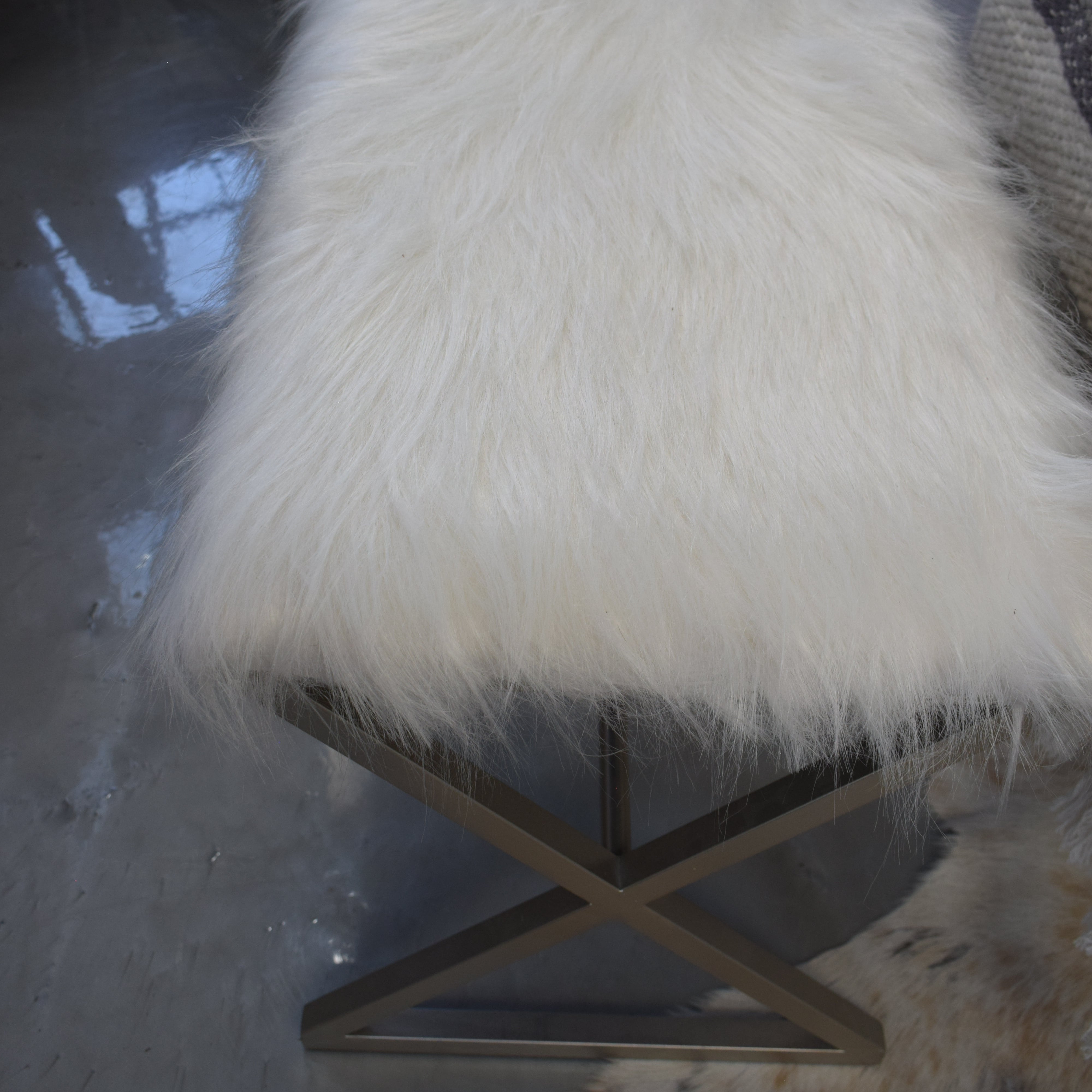 White Fur Stool with Metal Frame