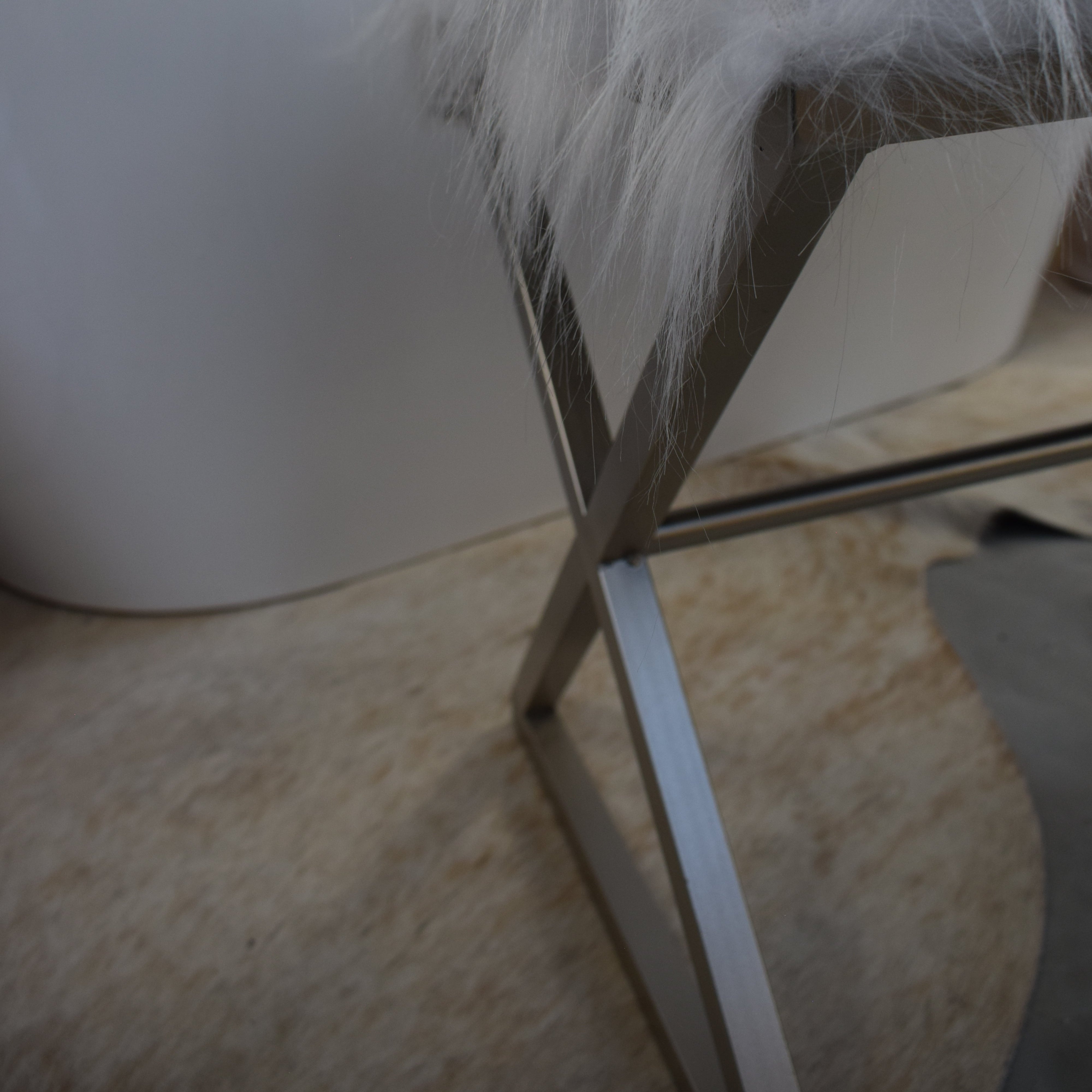 White Fur Stool with Metal Frame