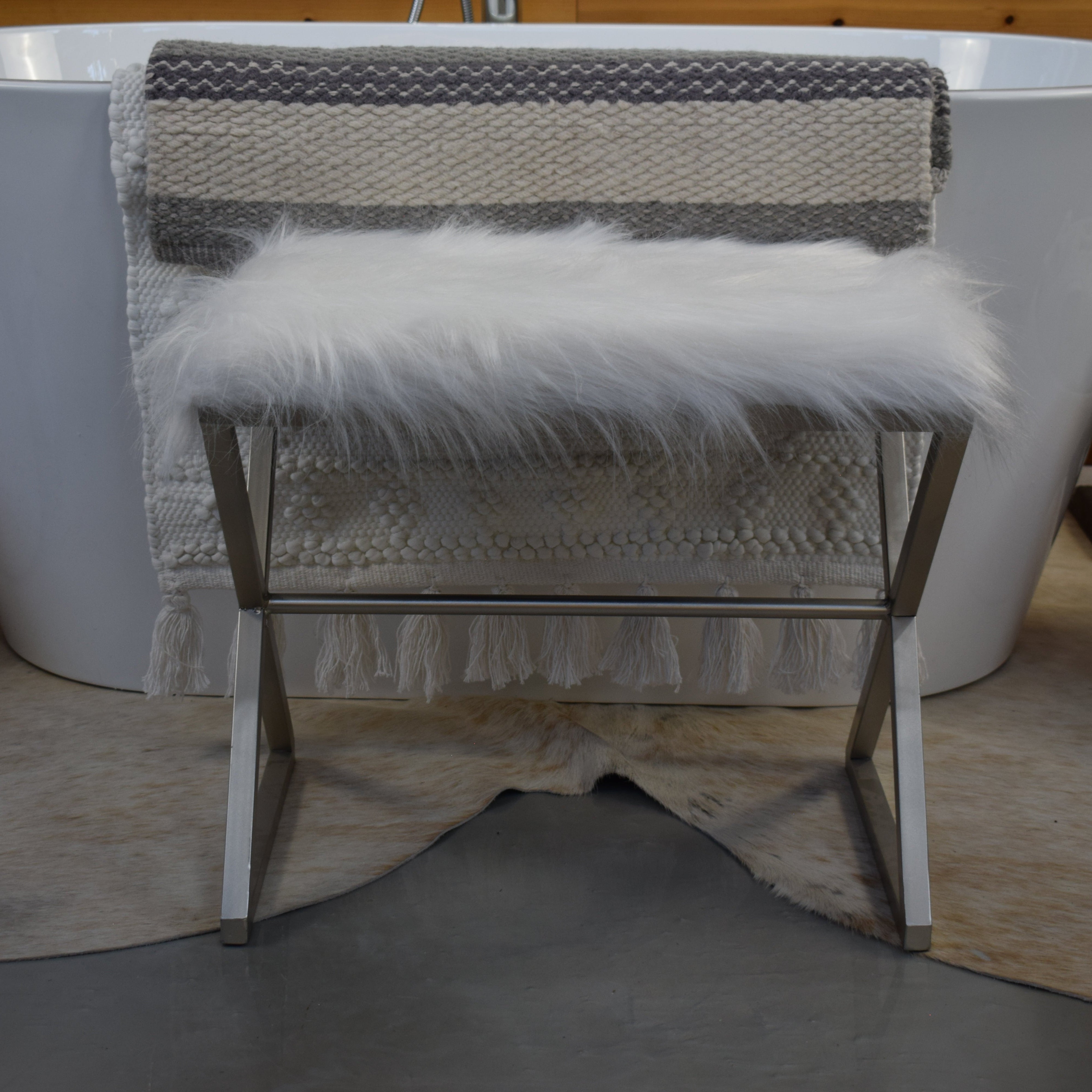 White Fur Stool with Metal Frame