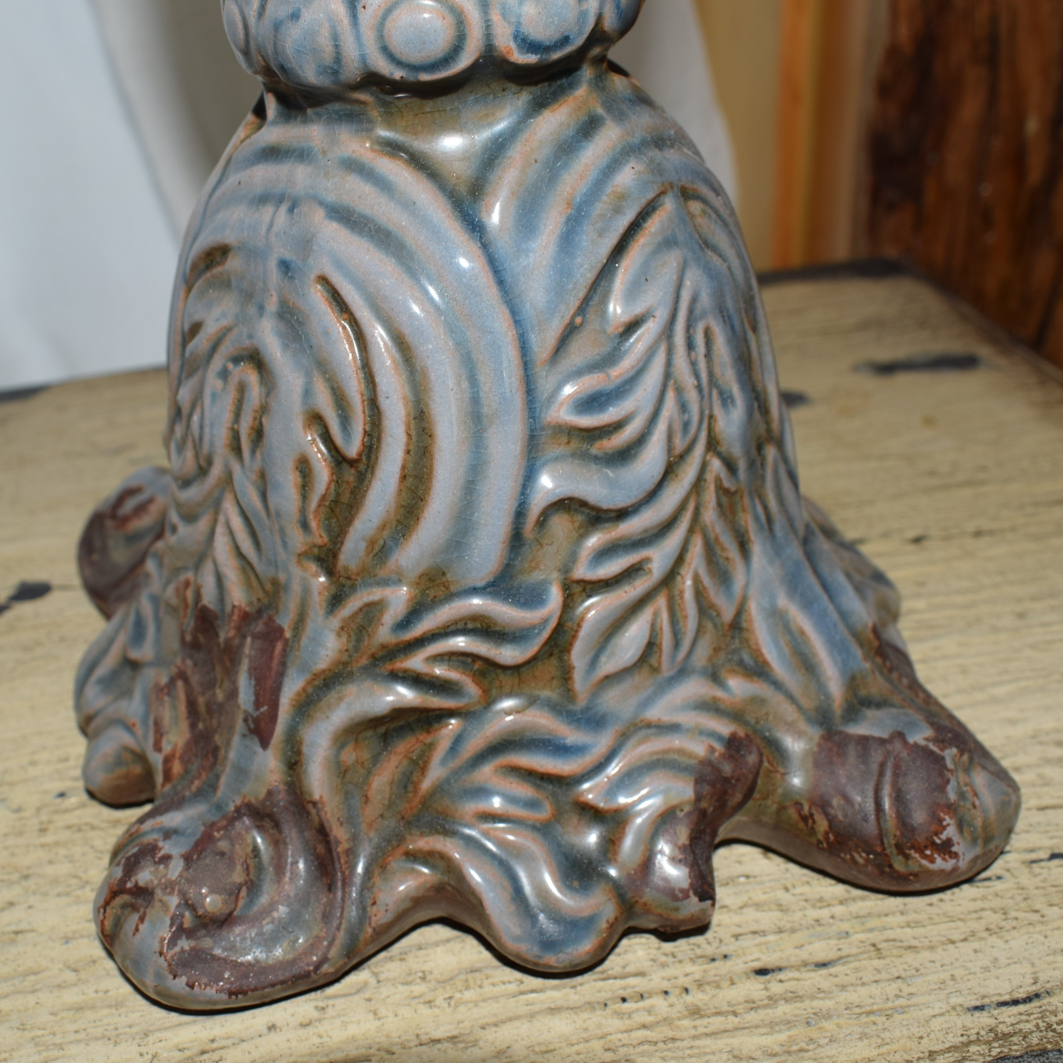 Ceramic Dusty Blue Rustic Candle Stick with Etched Leaf Detail