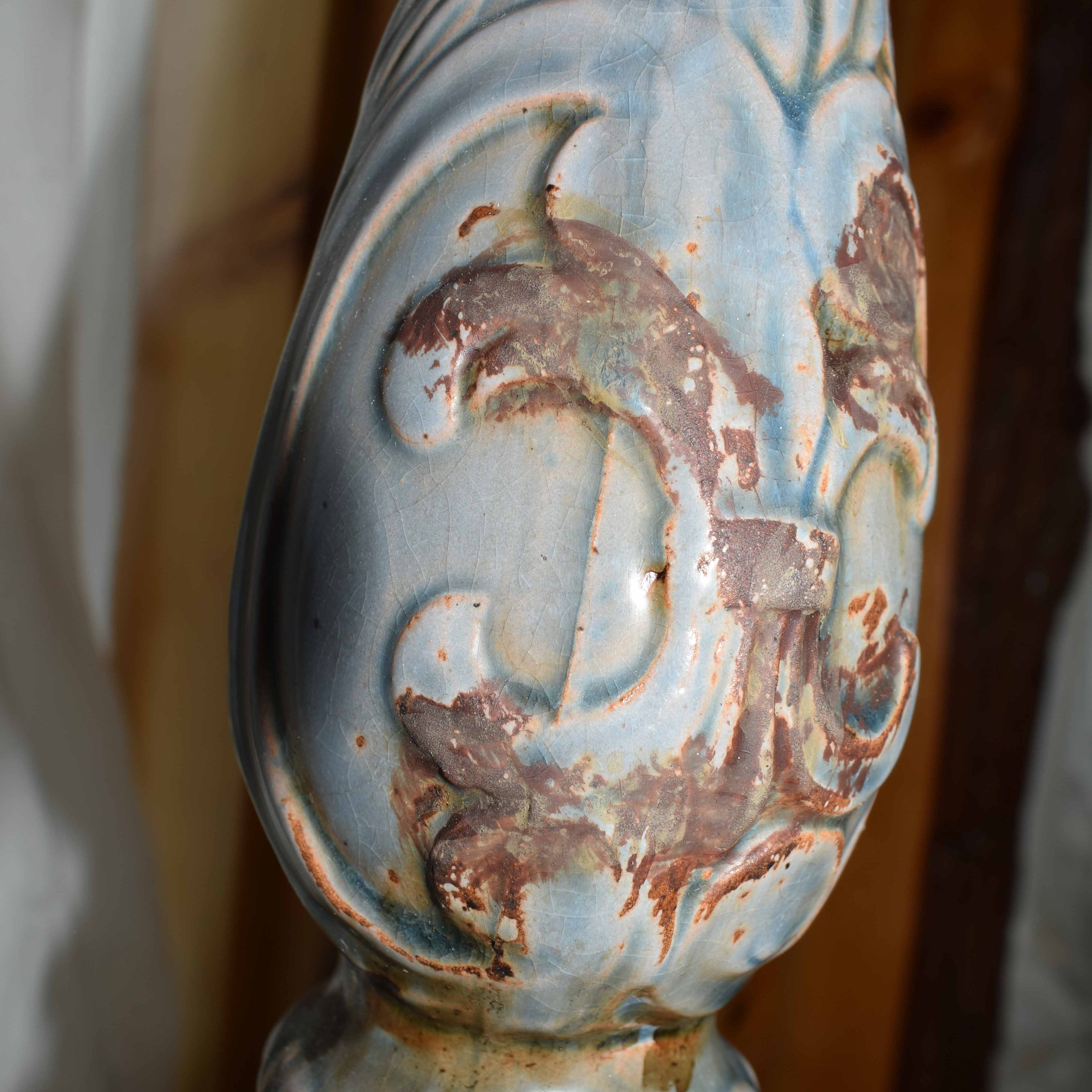 Ceramic Dusty Blue Rustic Candle Stick with Etched Leaf Detail
