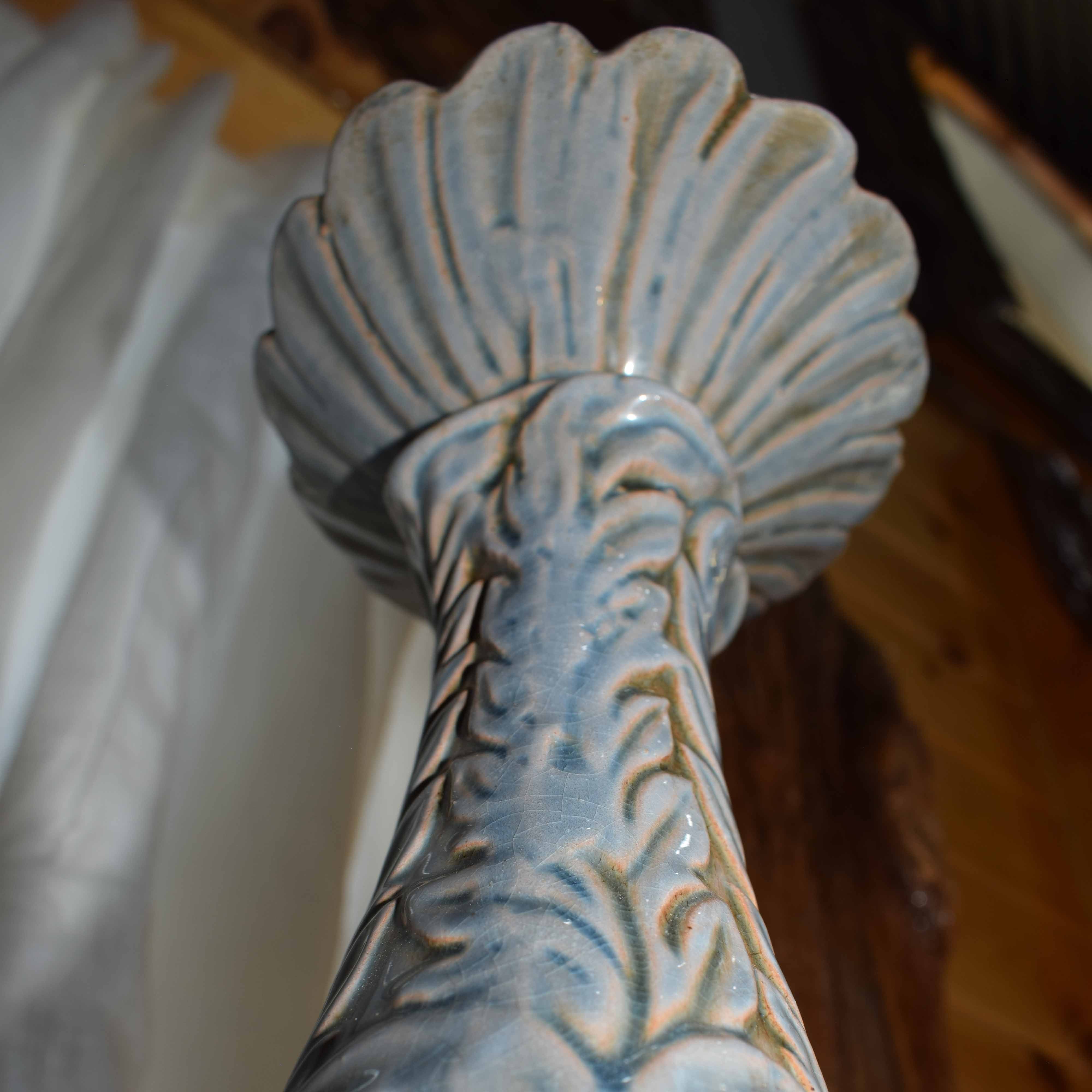 Ceramic Dusty Blue Rustic Candle Stick with Etched Leaf Detail