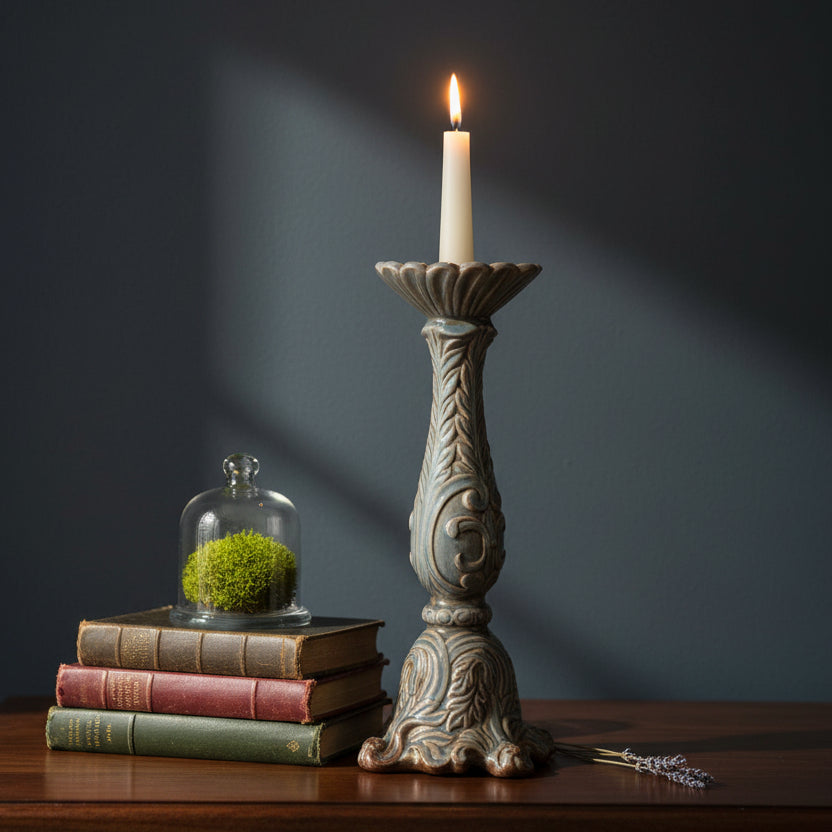 Ceramic Dusty Blue Rustic Candle Stick with Etched Leaf Detail