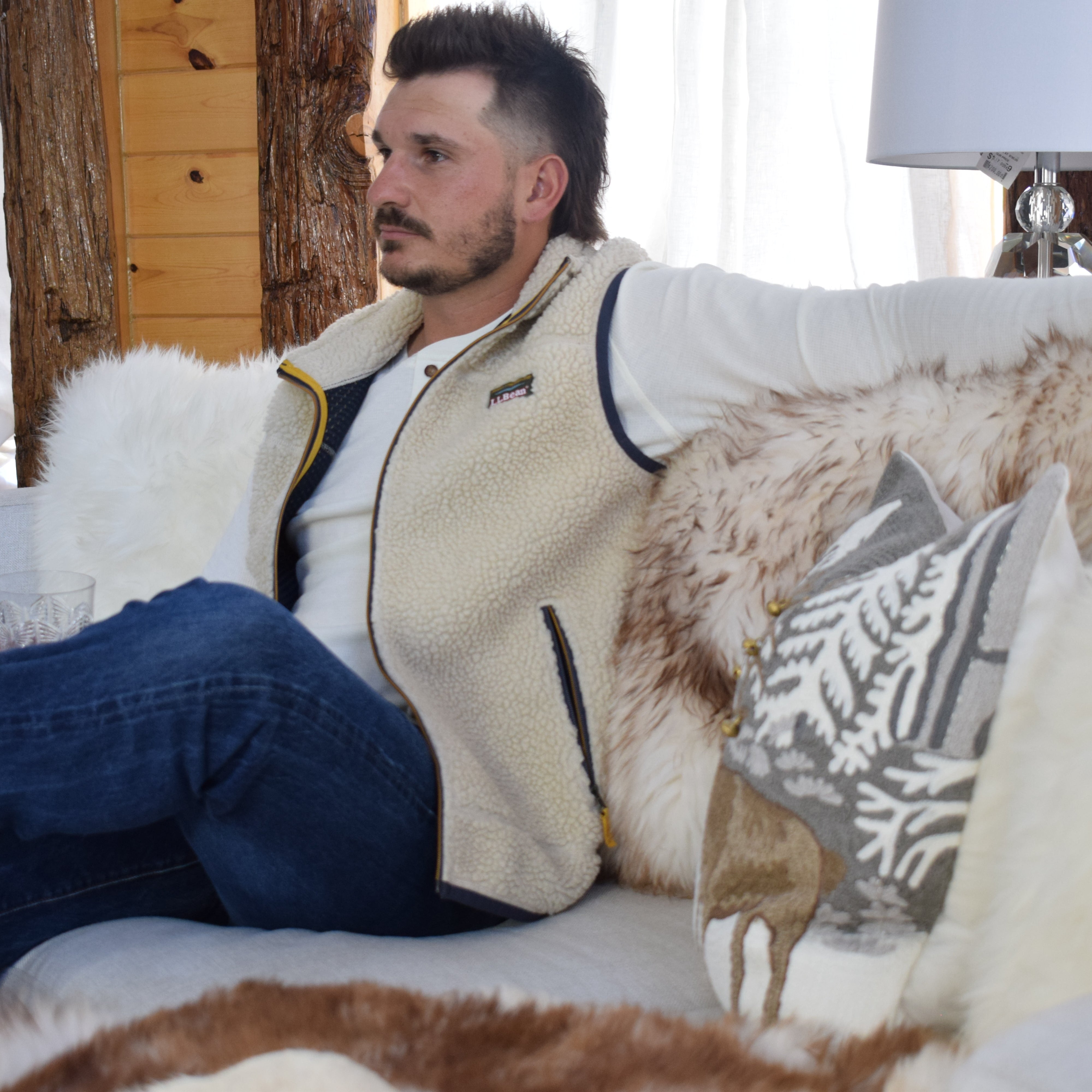 L.L. Bean Sherpa Fleece Winter Vest Off-White with Navy & Yellow Details