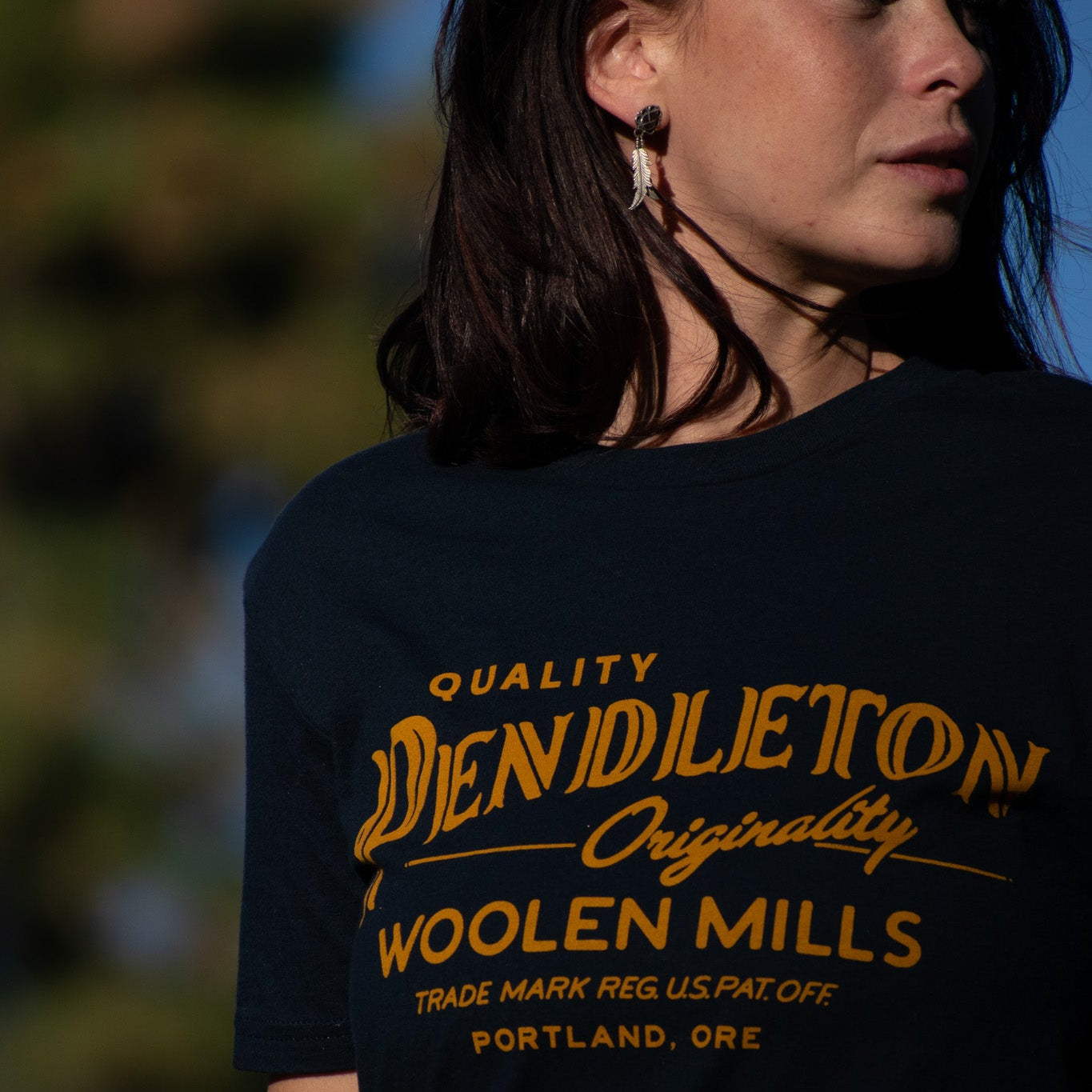 Navy Blue Pendleton Wool Mills T-shirt with a Mustard Yellow Print Size: SM