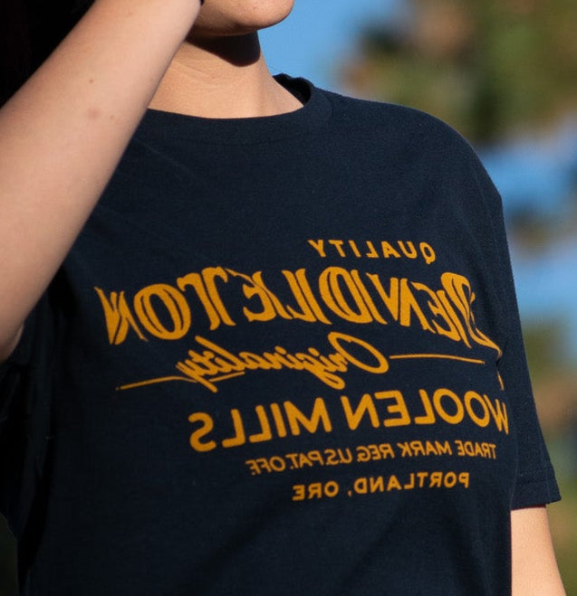 Navy Blue Pendleton Wool Mills T-shirt with a Mustard Yellow Print Size: SM