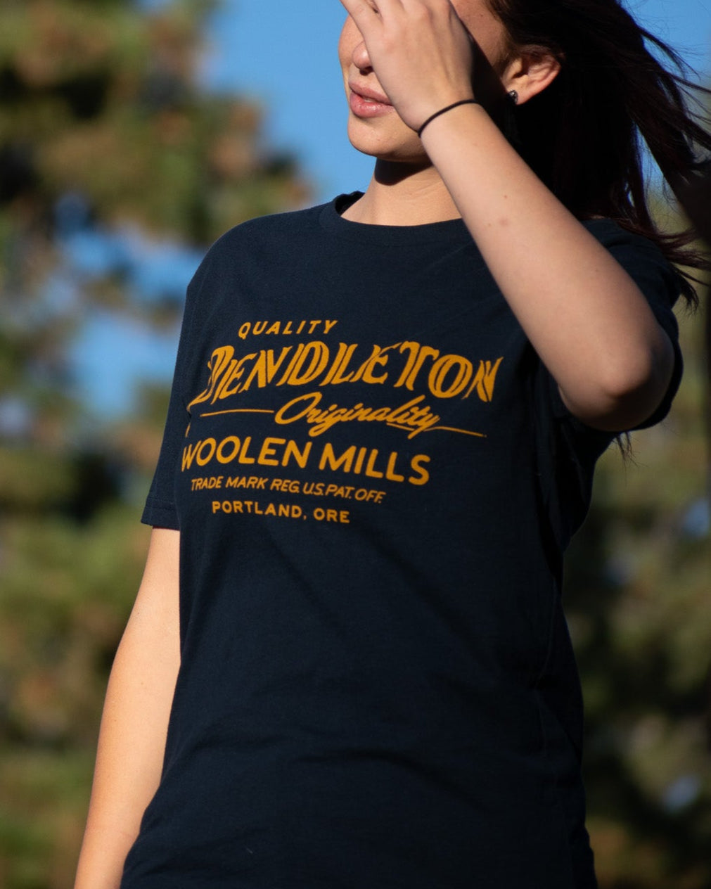 Navy Blue Pendleton Wool Mills T-shirt with a Mustard Yellow Print Size: SM