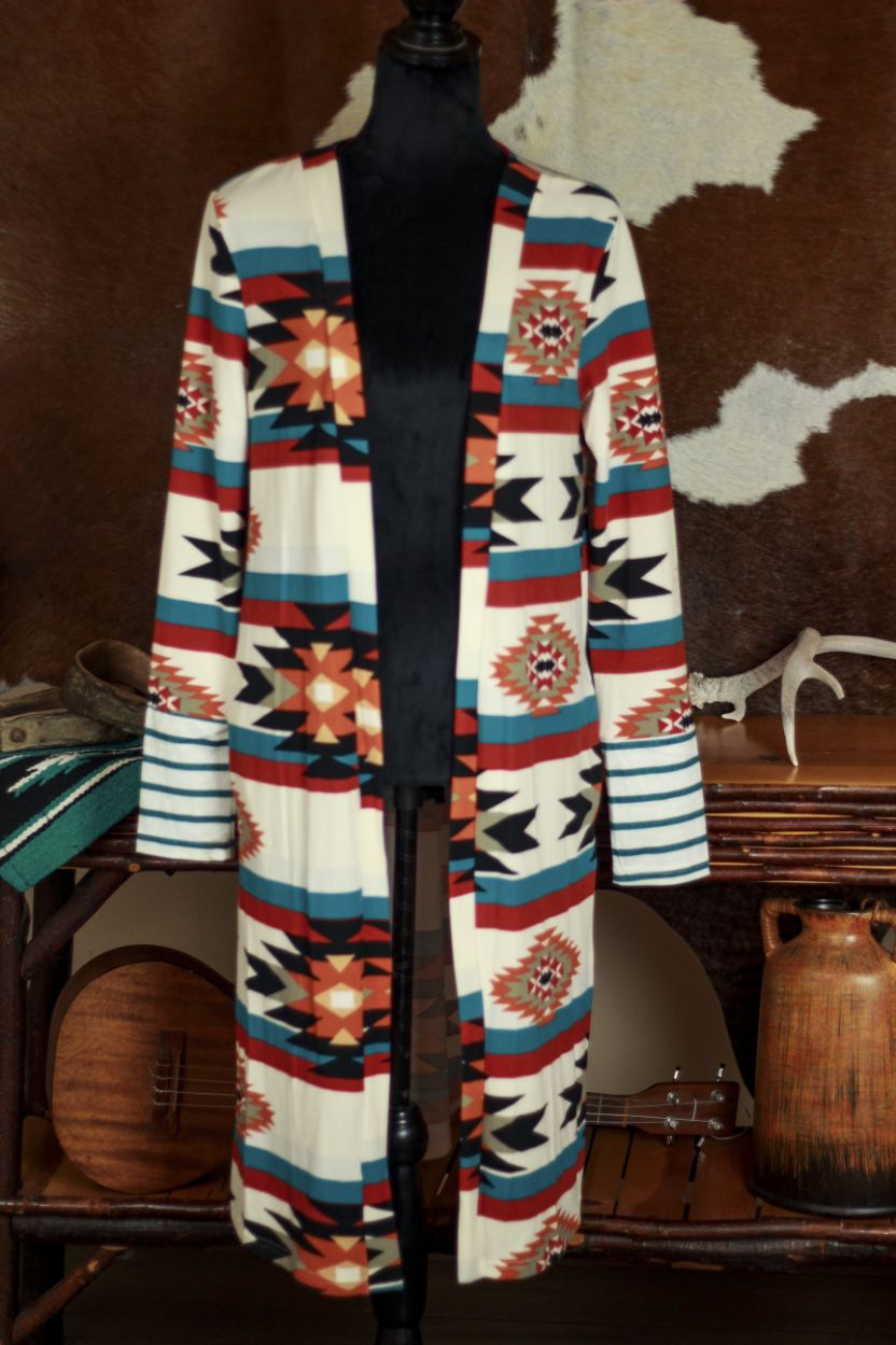 southwestern aztec long cardigan duster sweater cream tribal print small