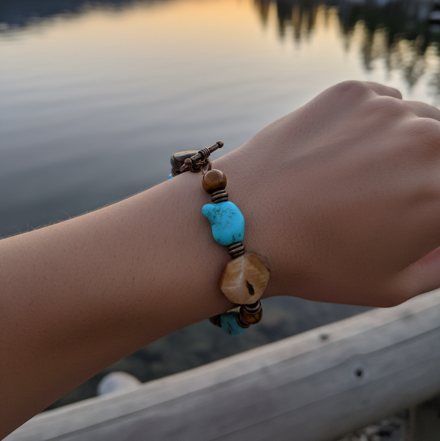 Faux Chunky Turquoise And Gemstone Beaded Bracelet