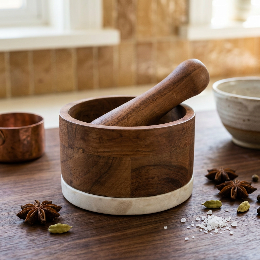 Natural Wood Mortar and Pestle with White Base