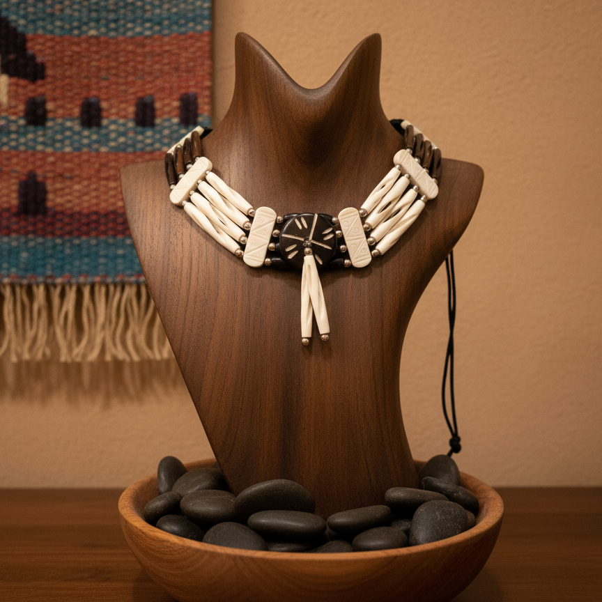 Buffalo Bone 4 Line Choker Beaded Trible Native American Choker Necklace Brown and White